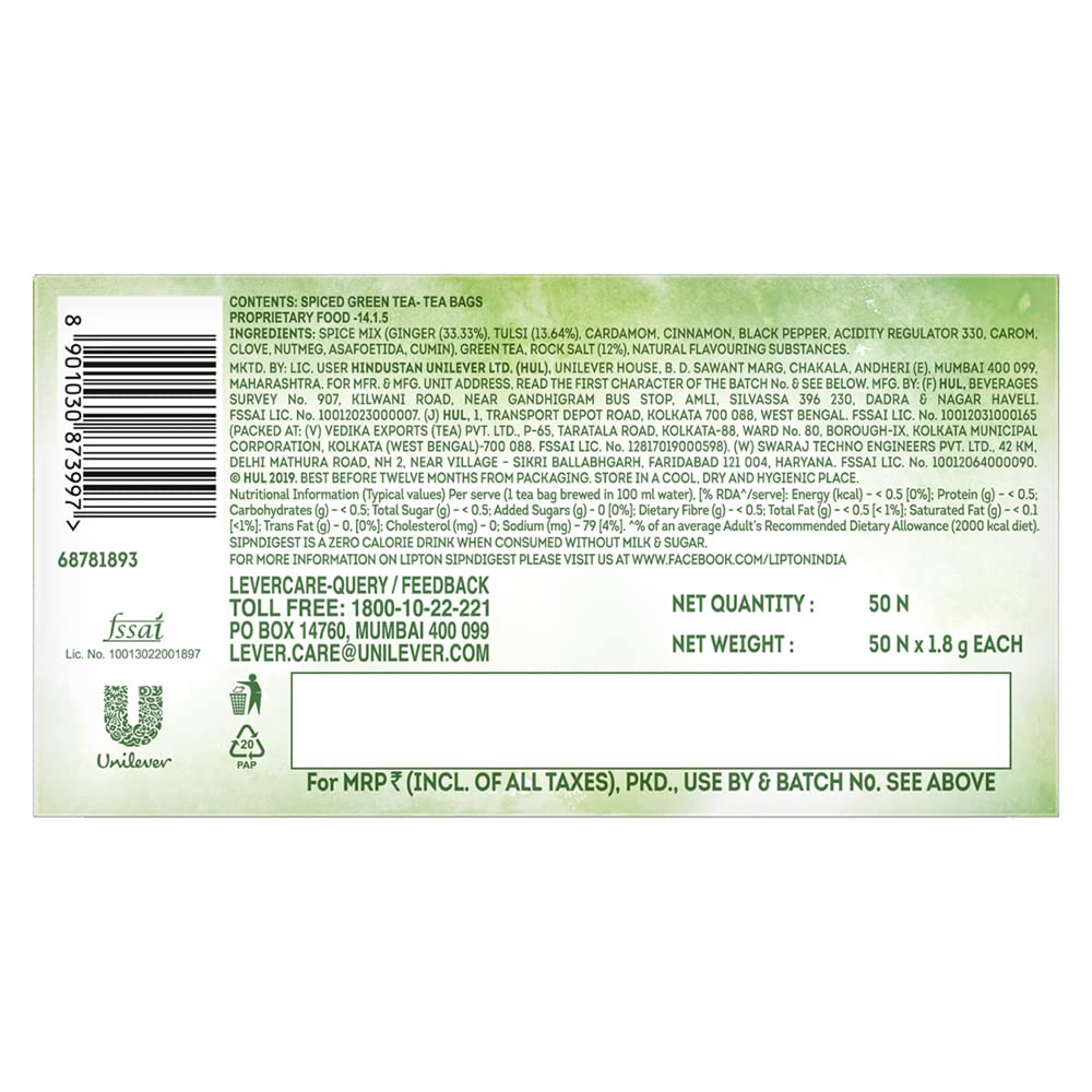 Lipton Sipndigest with Green Tea, Ginger, Tulsi & Rock Salt (Spiced Green Tea Bags), 50 Pcs, 90 Grams – view 2