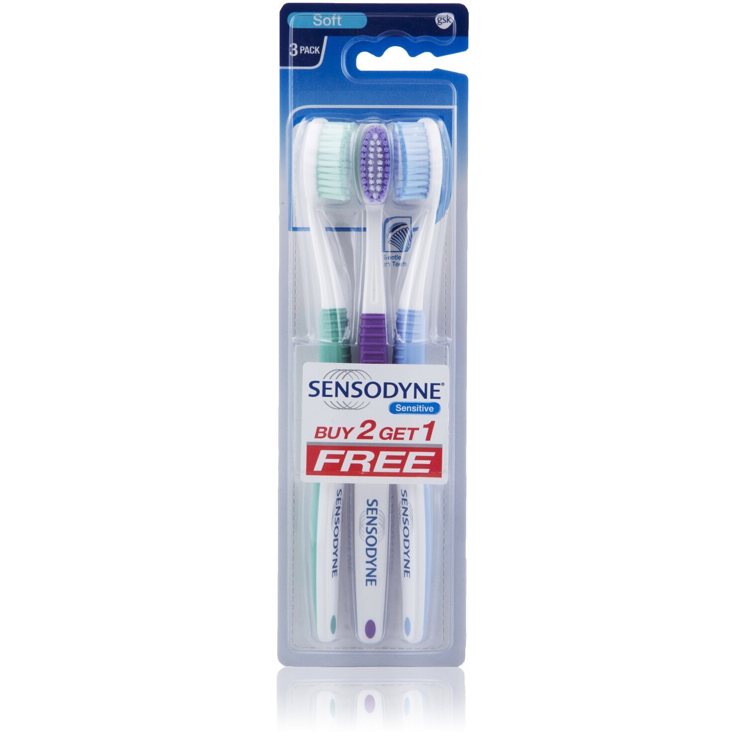 White Sensodyne sensitive toothbrush three-pack with soft bristles