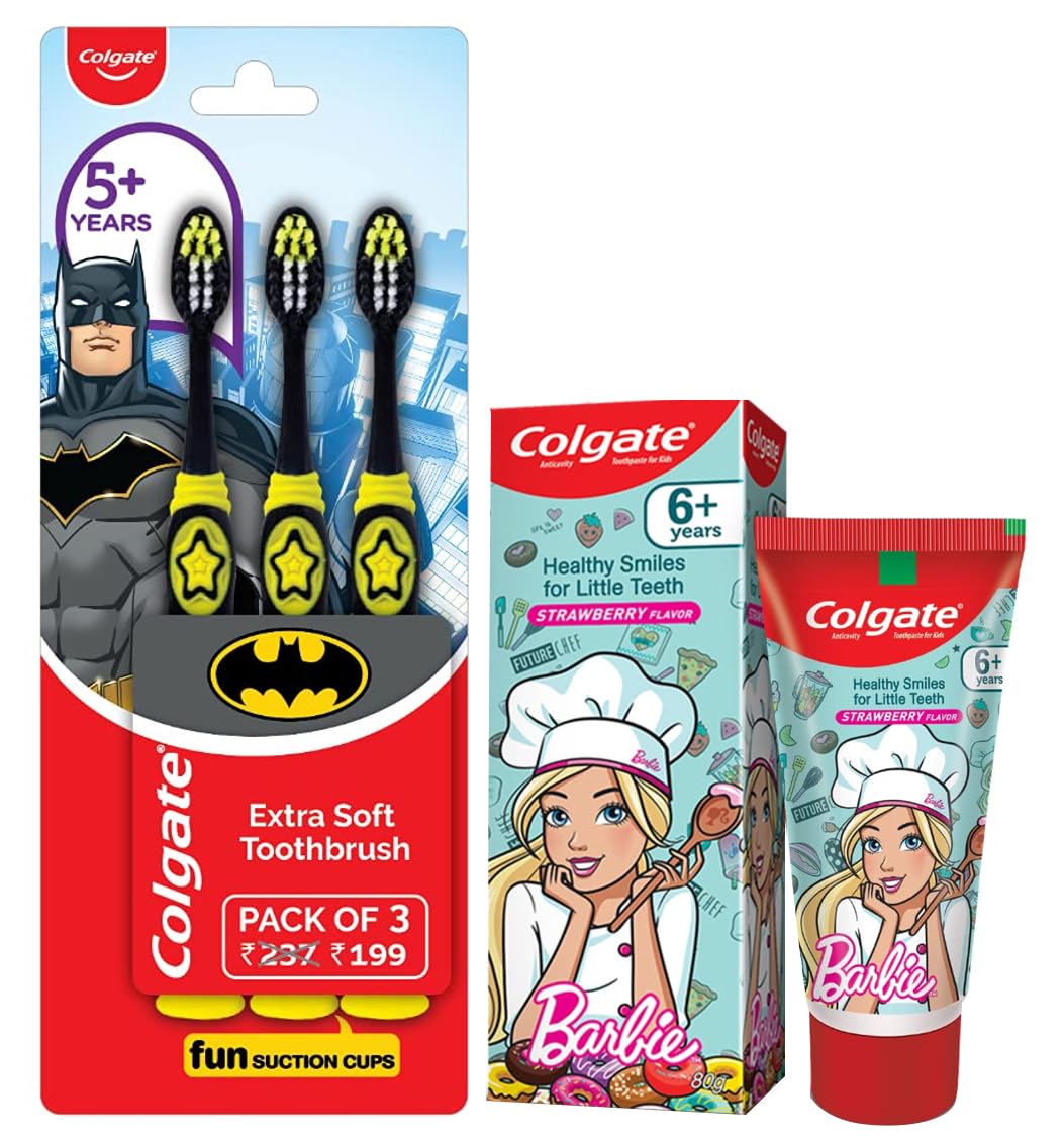 Colgate kids oral care combo with Batman brush and Barbie toothpaste