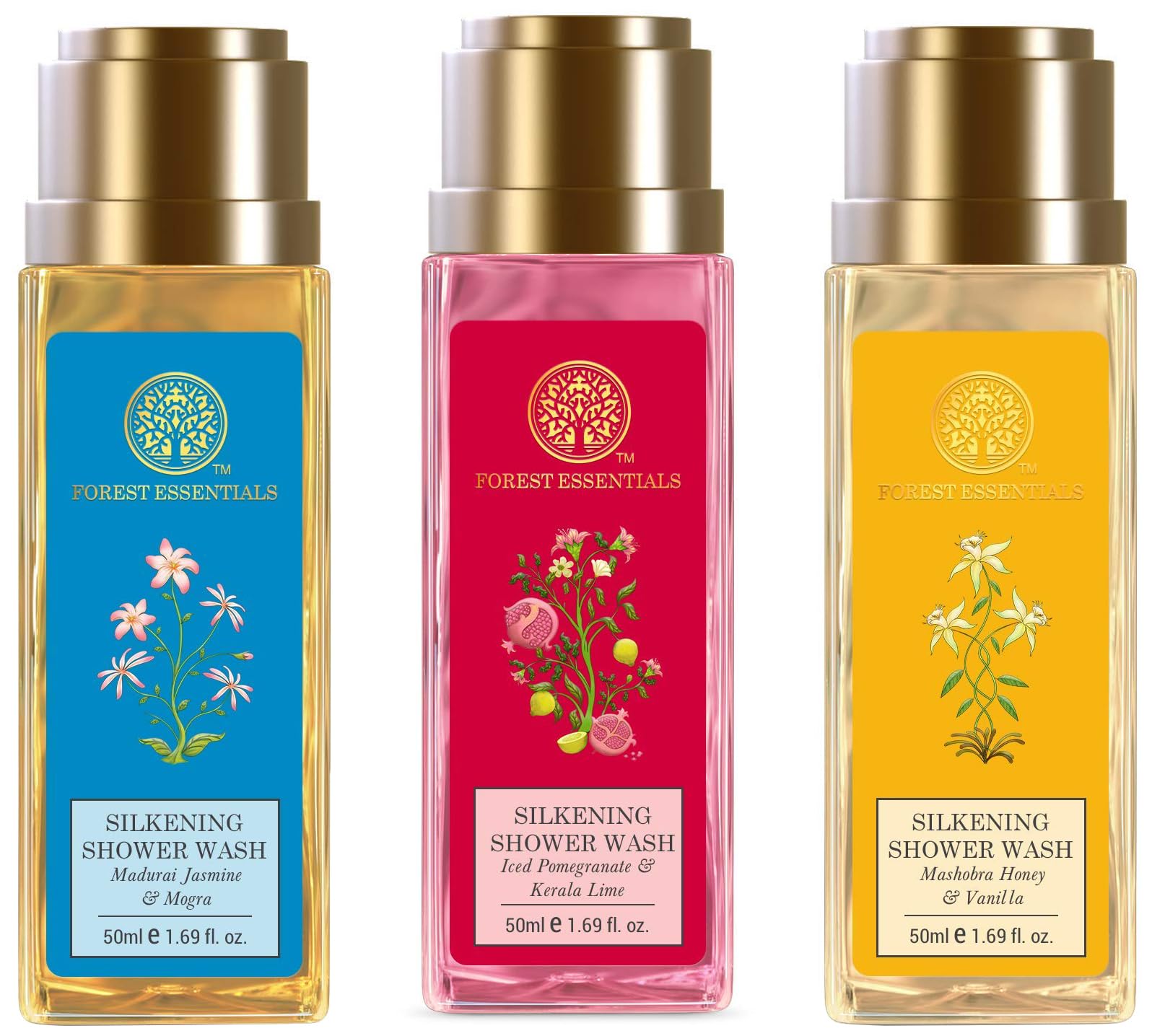 Forest Essentials silkening shower wash travel bottles with assorted scents