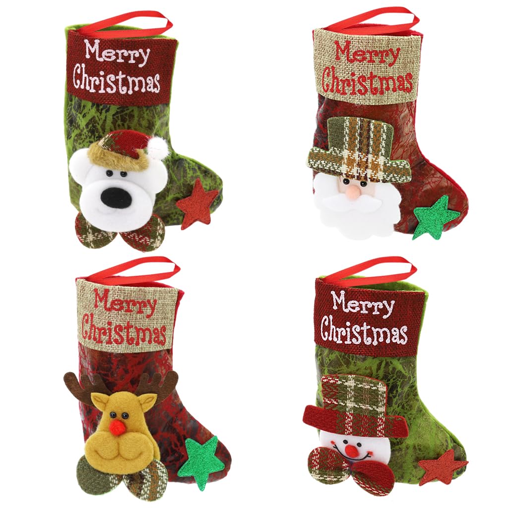 HASTHIP 4Pcs Christmas Stockings Cute Santa, Reindeer, Bear, Snowman Print Small Christmas Tree Decoration Items Hanging Christmas Decorations Ornaments Stocking for Xmas Tree, Home Decor, Wall