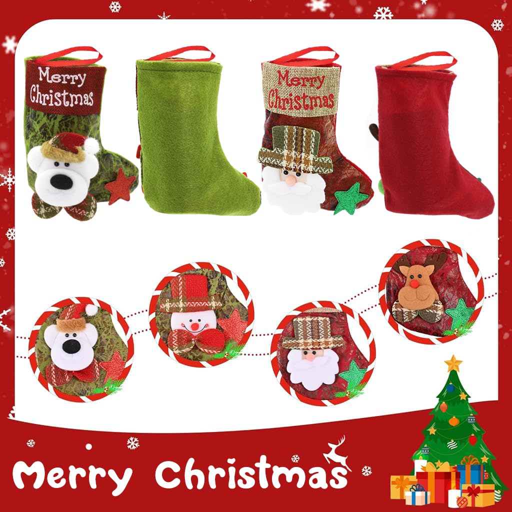 HASTHIP 4Pcs Christmas Stockings Cute Santa, Reindeer, Bear, Snowman Print Small Christmas Tree Decoration Items Hanging Christmas Decorations Ornaments Stocking for Xmas Tree, Home Decor, Wall – view 3