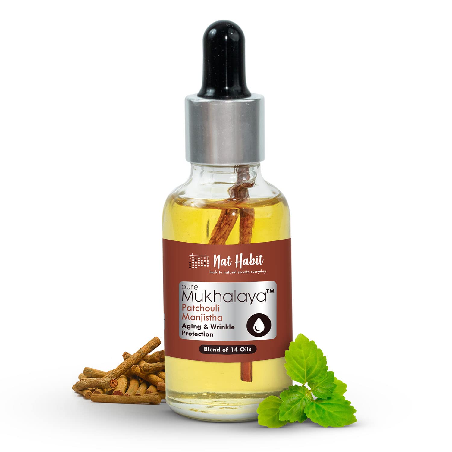 Bottle of Patchouli Manjistha Mukhalaya face oil for wrinkles