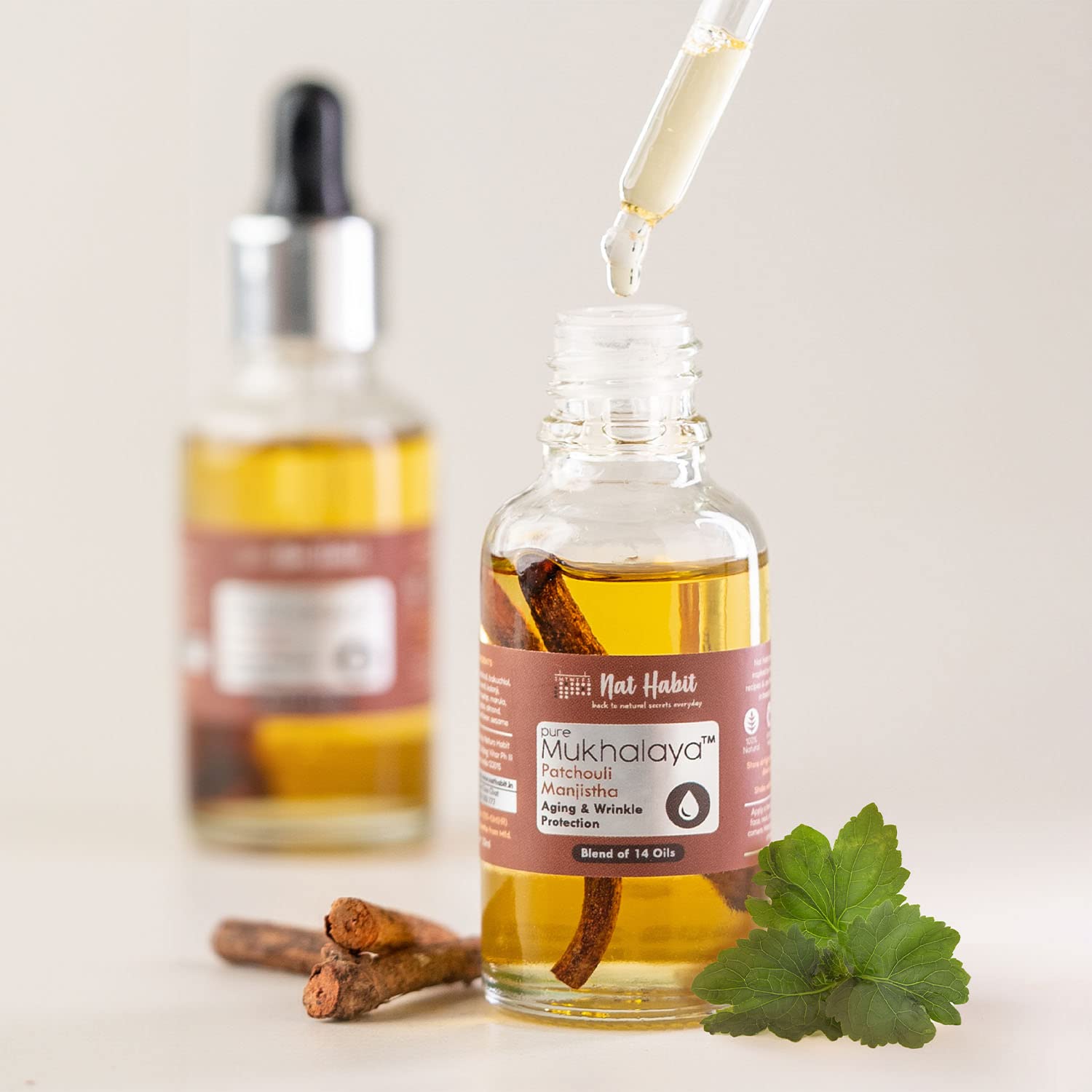 Nat Habit Patchouli Manjistha Mukhalaya, Face Oil For Aging & Wrinkle Protection with Blend of 14 Cold Pressed Oils, No Mineral Oil or Chemicals (30ml) – view 2