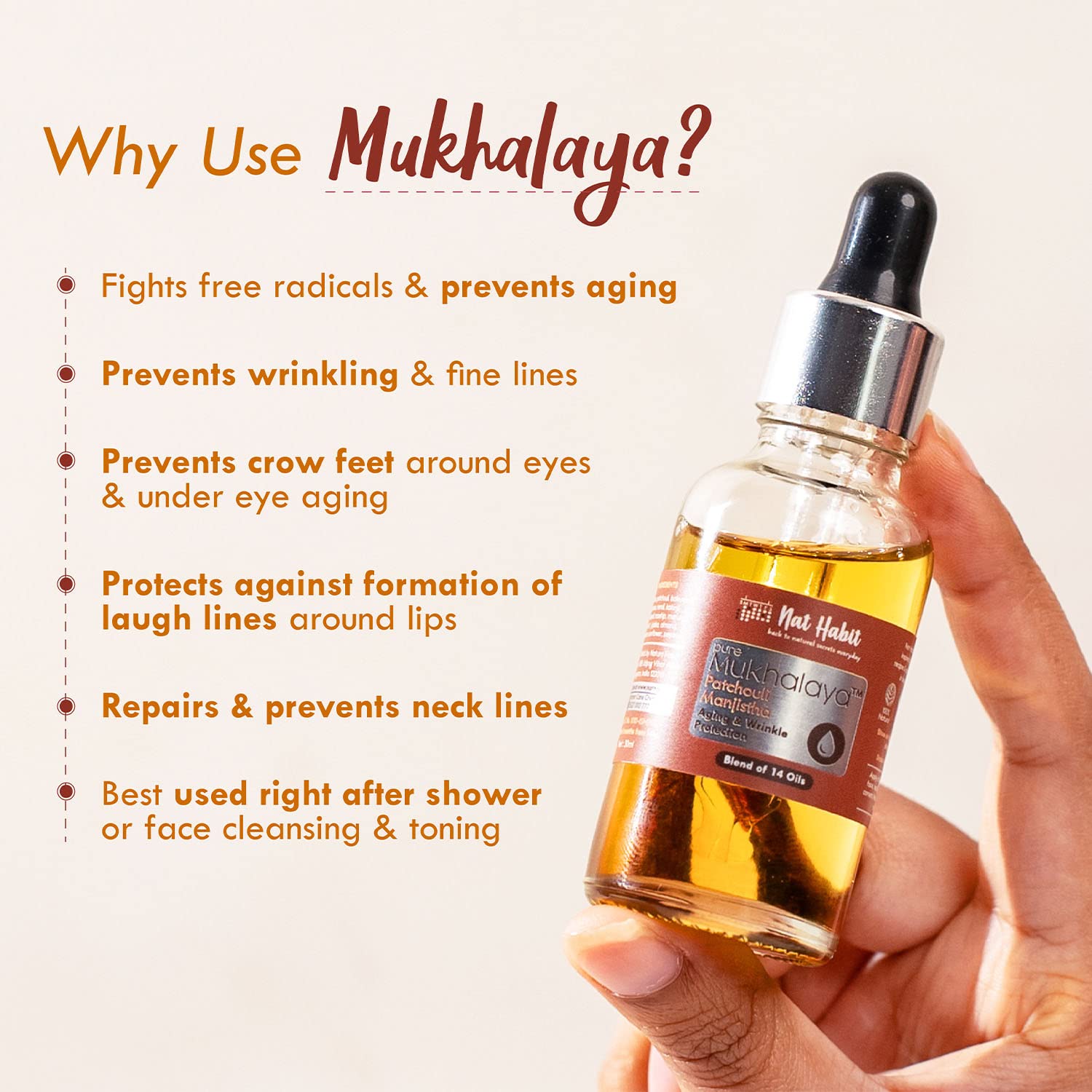 Nat Habit Patchouli Manjistha Mukhalaya, Face Oil For Aging & Wrinkle Protection with Blend of 14 Cold Pressed Oils, No Mineral Oil or Chemicals (30ml) – view 3