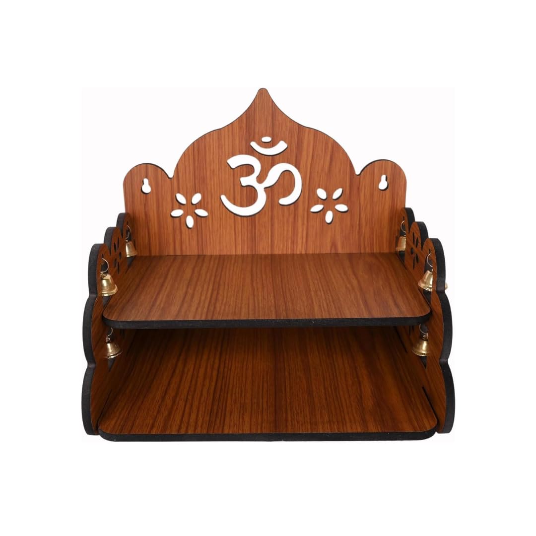 Devara Small Wooden Pooja Stand for Home & Office ' Wall Mount or Tabletop Mandir with Bells | Compact Puja Temple for Home Decor | 9x9x8 Inch, Brown