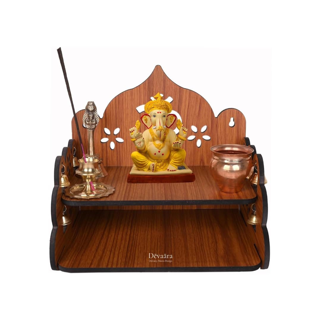 Devara Small Wooden Pooja Stand for Home & Office ' Wall Mount or Tabletop Mandir with Bells – view 4