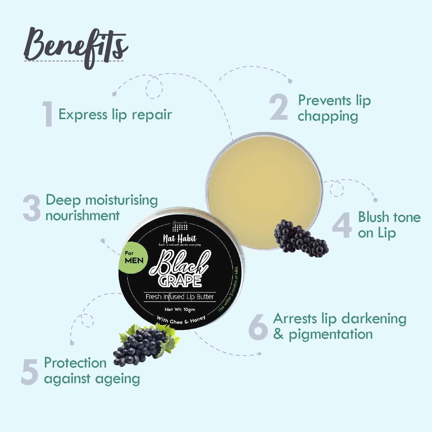 Nat Habit Men's Black GrapeLip Balm Fresh Infused Lip Butter With Grapeseed & Raw Honey For Lip Pigmentation, Lightening, Lip Repair, Dark And Chapped Lips,8gm – view 4