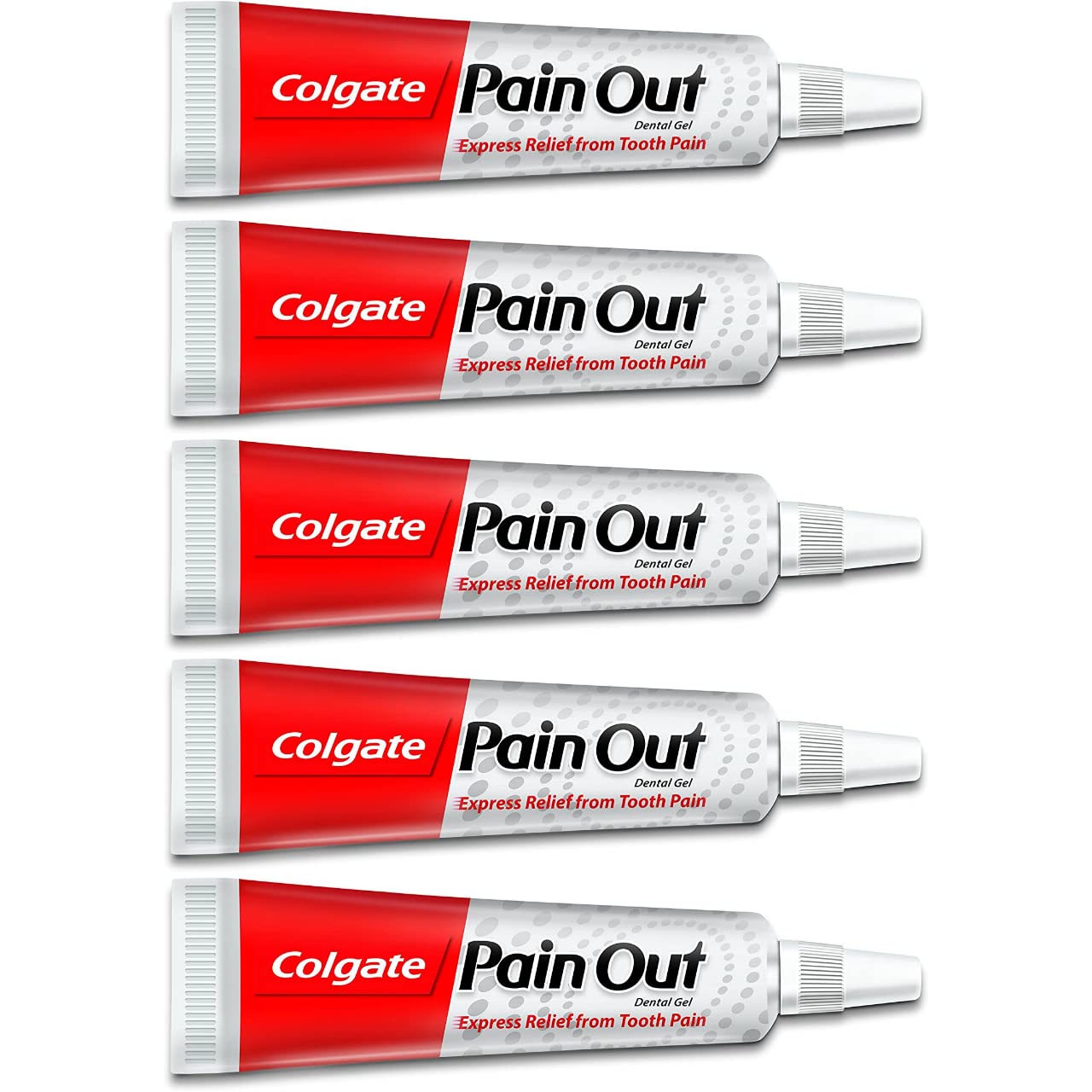 Five Colgate Pain Out dental gel tubes for tooth pain relief