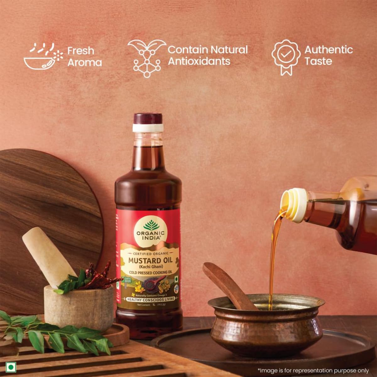 A TATA Product - Organic India Mustard Oil 1000ml, Certified Organic, Lab Tested on 600+ Parameters, Kachi Ghani Sarso Ka Tel, Natural Flavour, Ideal for Daily Cooking & Healthier Living – view 2