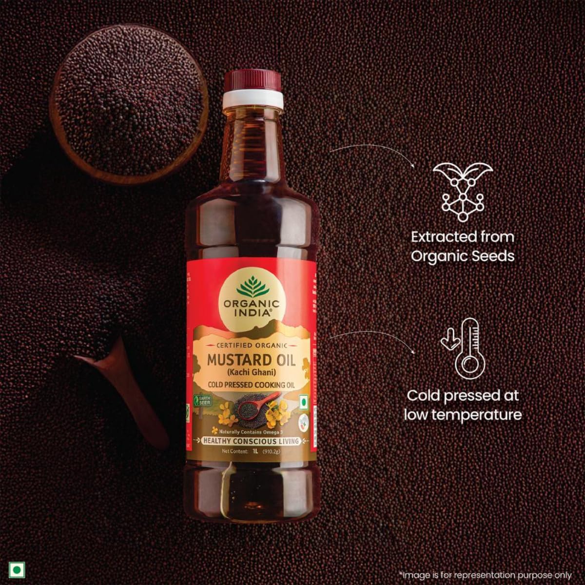 A TATA Product - Organic India Mustard Oil 1000ml, Certified Organic, Lab Tested on 600+ Parameters, Kachi Ghani Sarso Ka Tel, Natural Flavour, Ideal for Daily Cooking & Healthier Living – view 3