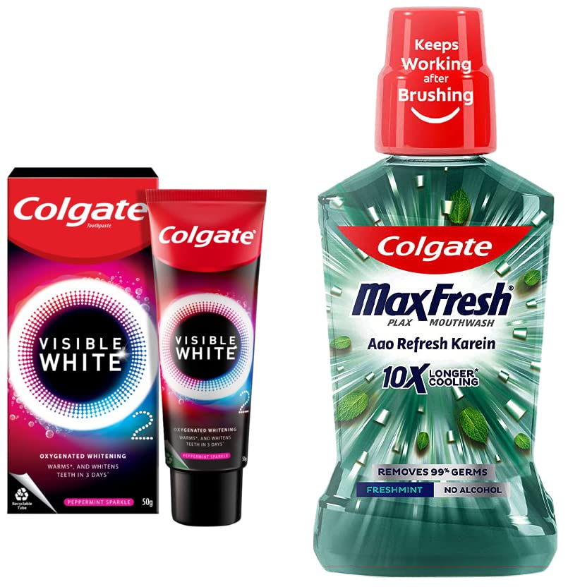 Colgate Visible White O2 toothpaste with Plax Fresh Mint mouthwash