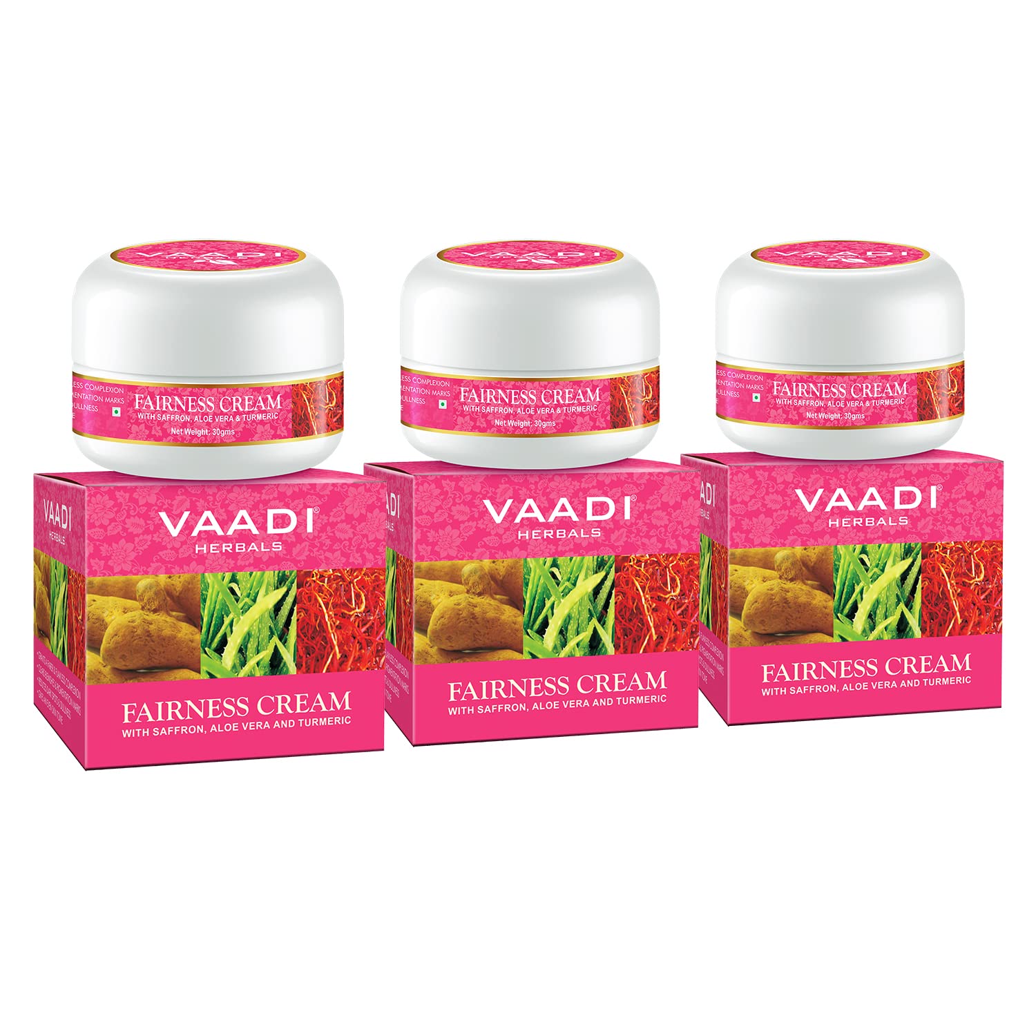 Vaadi Herbals saffron fairness cream three-pack product packaging