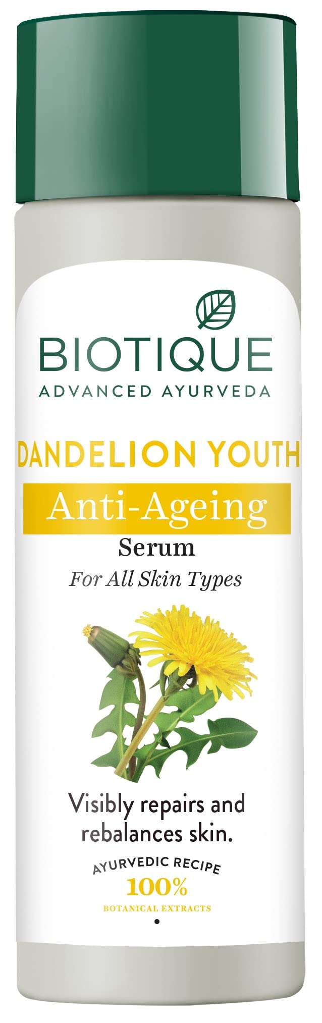 Front view of Biotique Dandelion anti-ageing serum 190 ml bottle