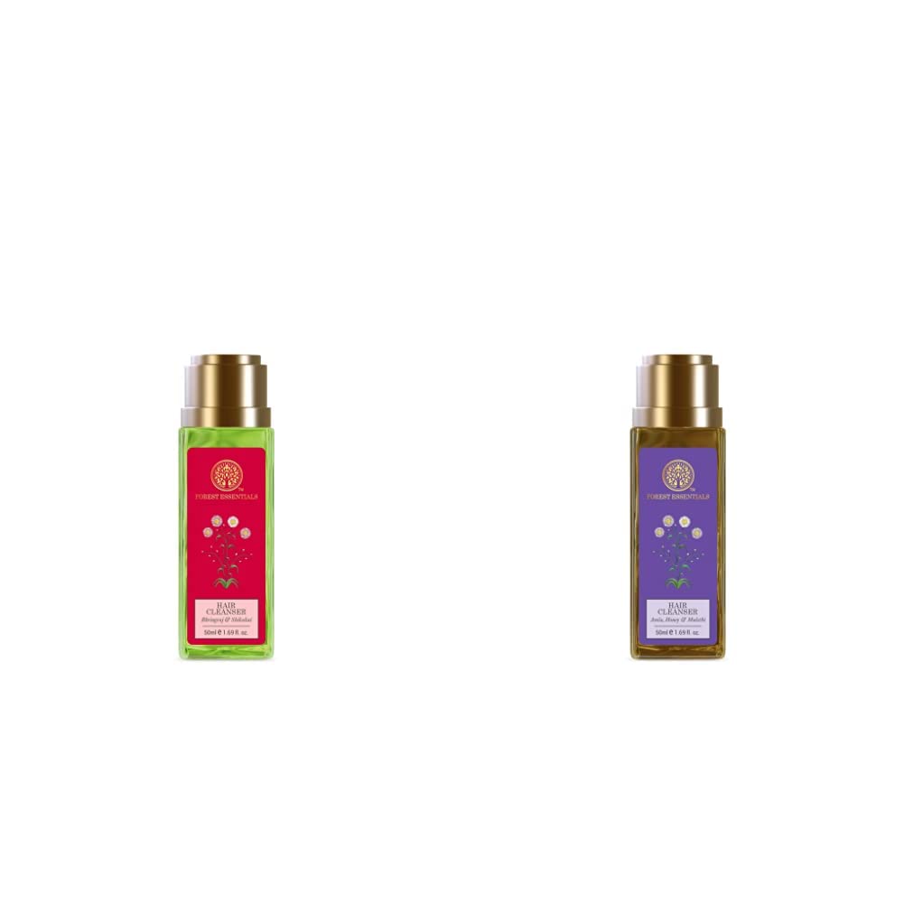 Forest Essentials hair cleanser with Bhringraj and Amla variant labels