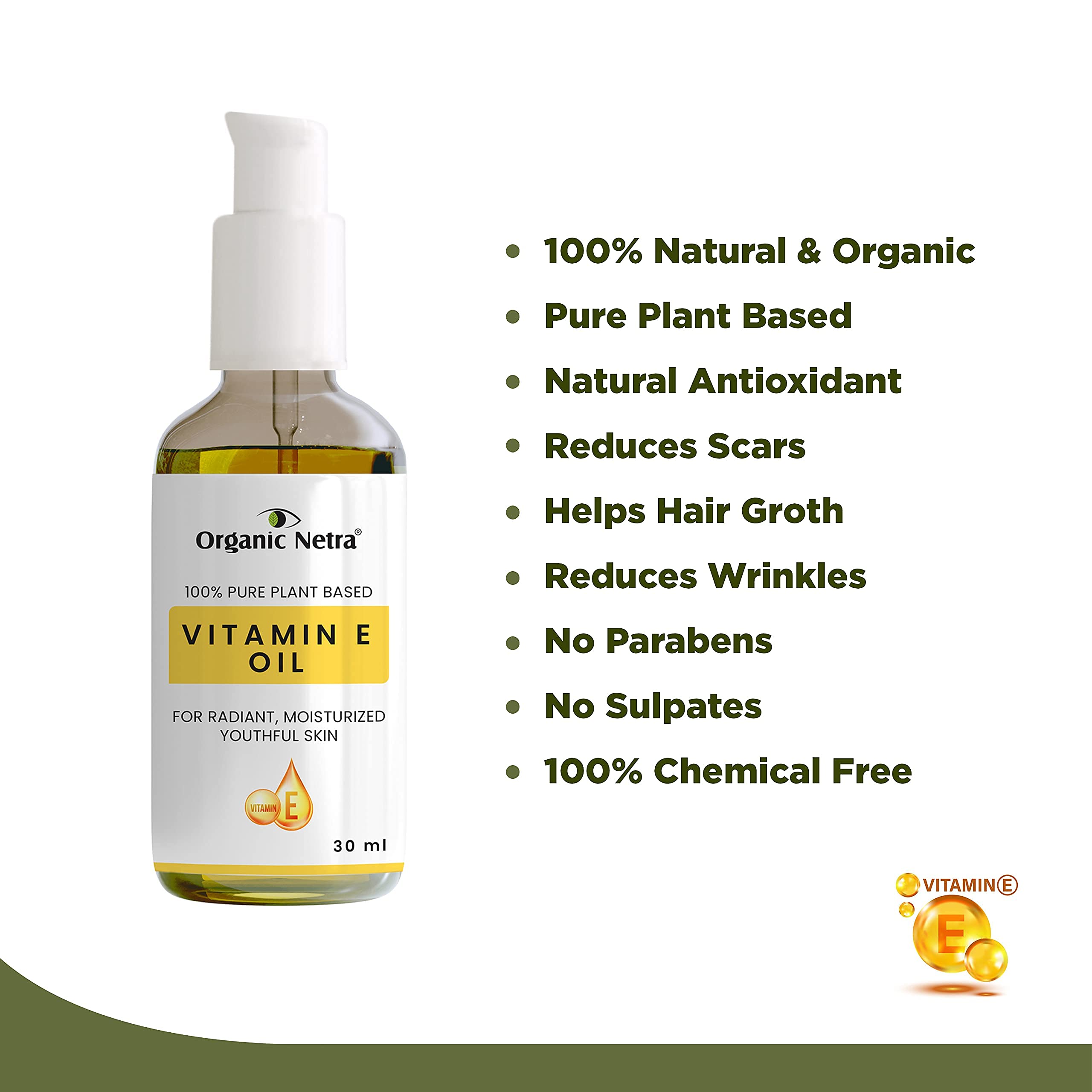 Organic Netra 100% Pure Plant Based Vitamin E Oil For Radiant,Moisturized Youthful Skin For Men and Womens, Reduces scars,stretch marks,wrinkles, helps in hair growth -30 ml. – view 3