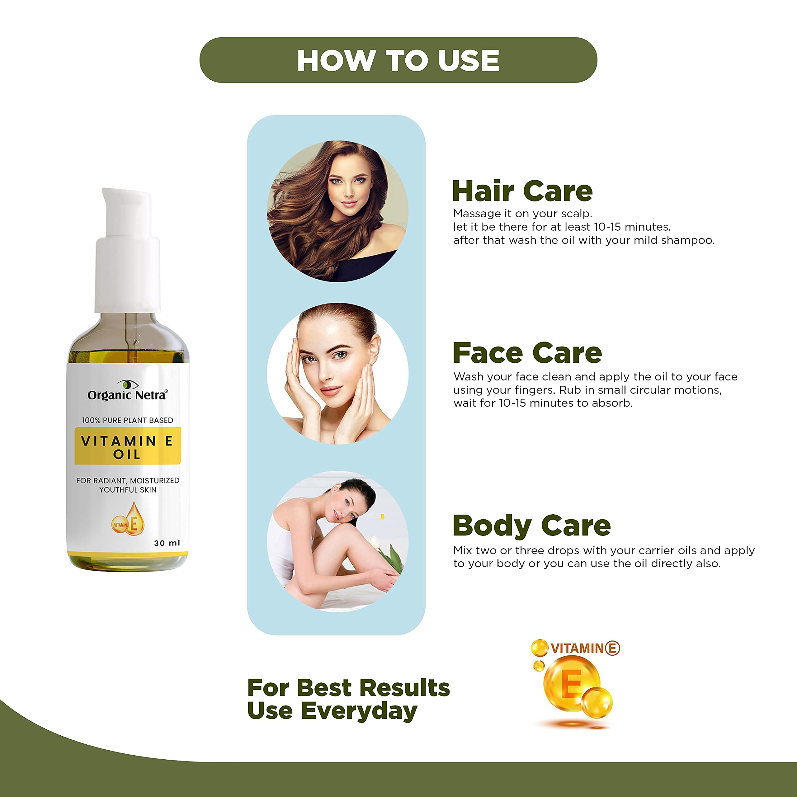 Organic Netra 100% Pure Plant Based Vitamin E Oil For Radiant,Moisturized Youthful Skin For Men and Womens, Reduces scars,stretch marks,wrinkles, helps in hair growth -30 ml. – view 4