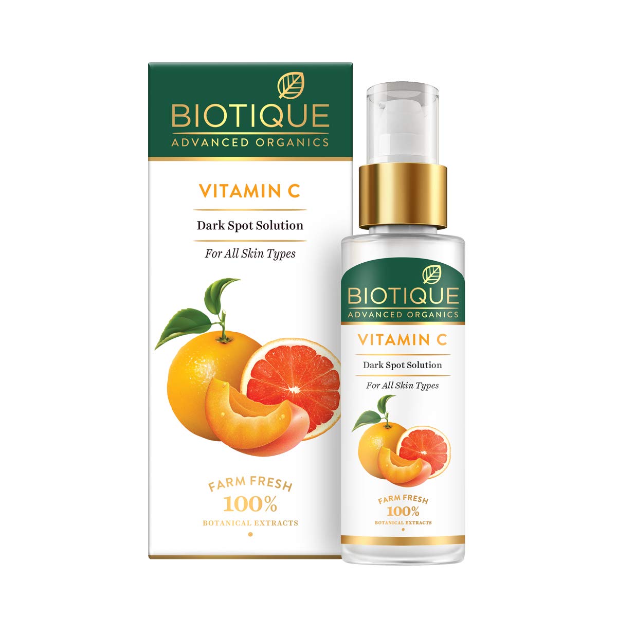 Biotique vitamin C face serum bottle for dark spot care