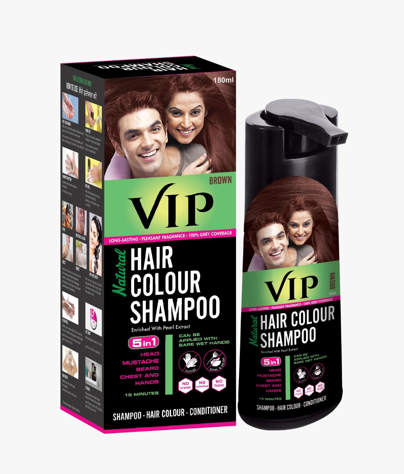 VIP brown hair colour shampoo 180ml packaging shown from front