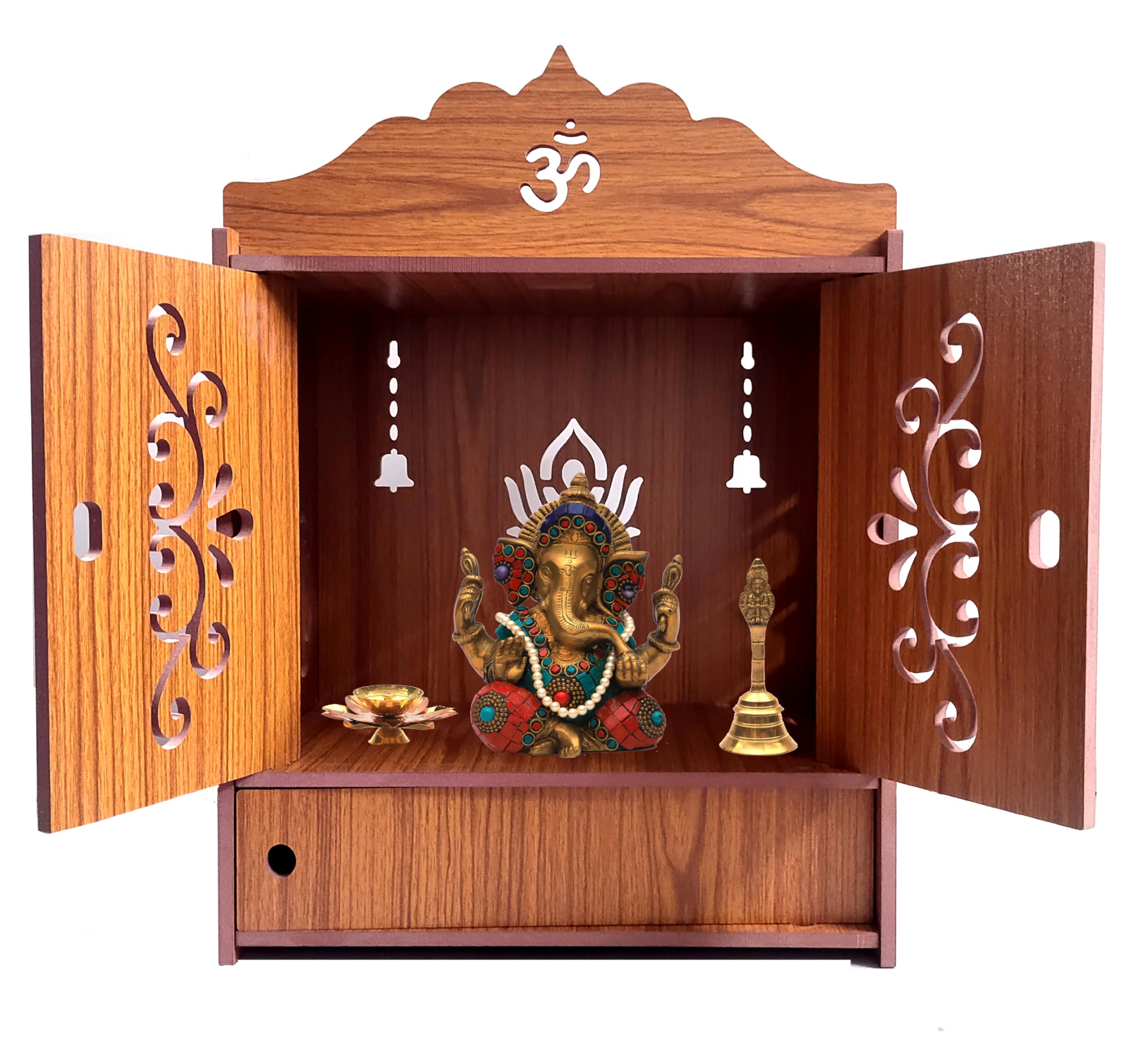 DIVOKAH Beautiful Wooden Pooja Mandir for Home/Temple for Home and Office/Puja Mandir/Puja Stand/Pooja Mandapam (8 Mm Plywood Thickness) (2DOR WDN Lotus)