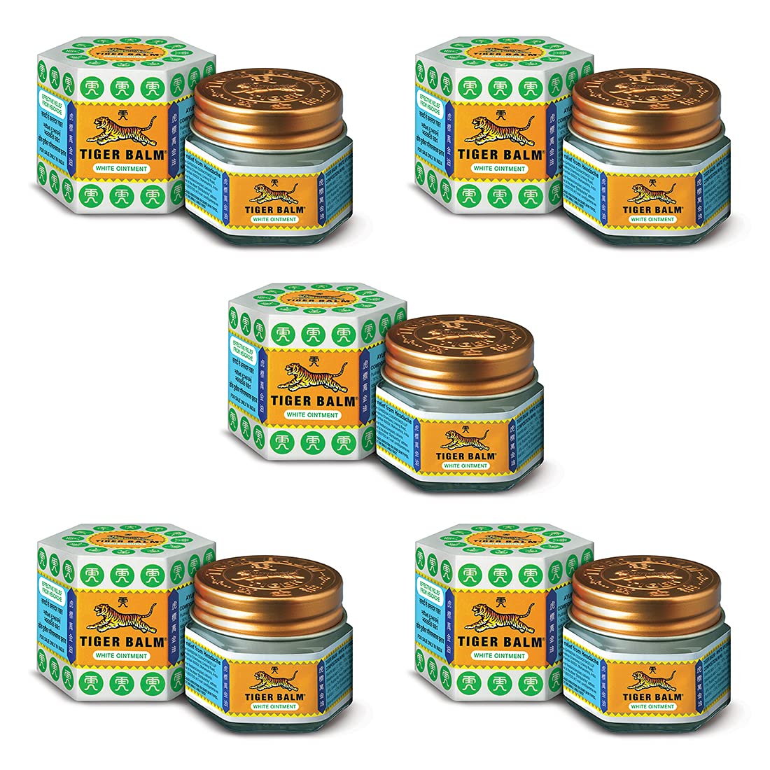 Five bottles of Tiger Balm White Ointment 21 ml each