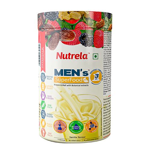 Vanilla Nutrela whey protein powder bottle for men