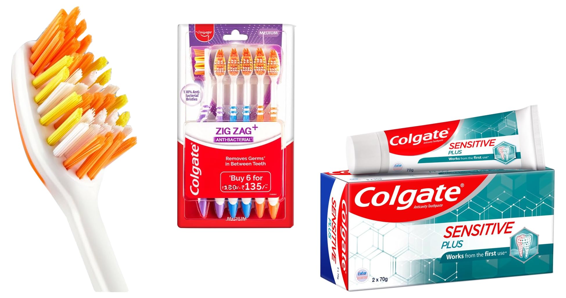 Colgate Sensitive Plus Toothpaste, With Pro Argin Formula for Sensitivity Relief, 70gm (Buy 1 Get 1 Free) & Colgate ZigZag Manual Toothbrush, Pack of 6 Medium Multicolour Soft Tooth brush COMBO – view 1