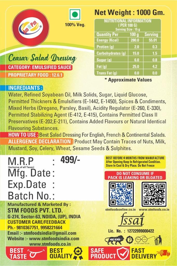 Am 2 Pm - Caesar Salad Dressing Salad Sauce Creamy Crunchy Delicious Perfect Combination For Making Delicious And Healthy Salads -1KG – view 4
