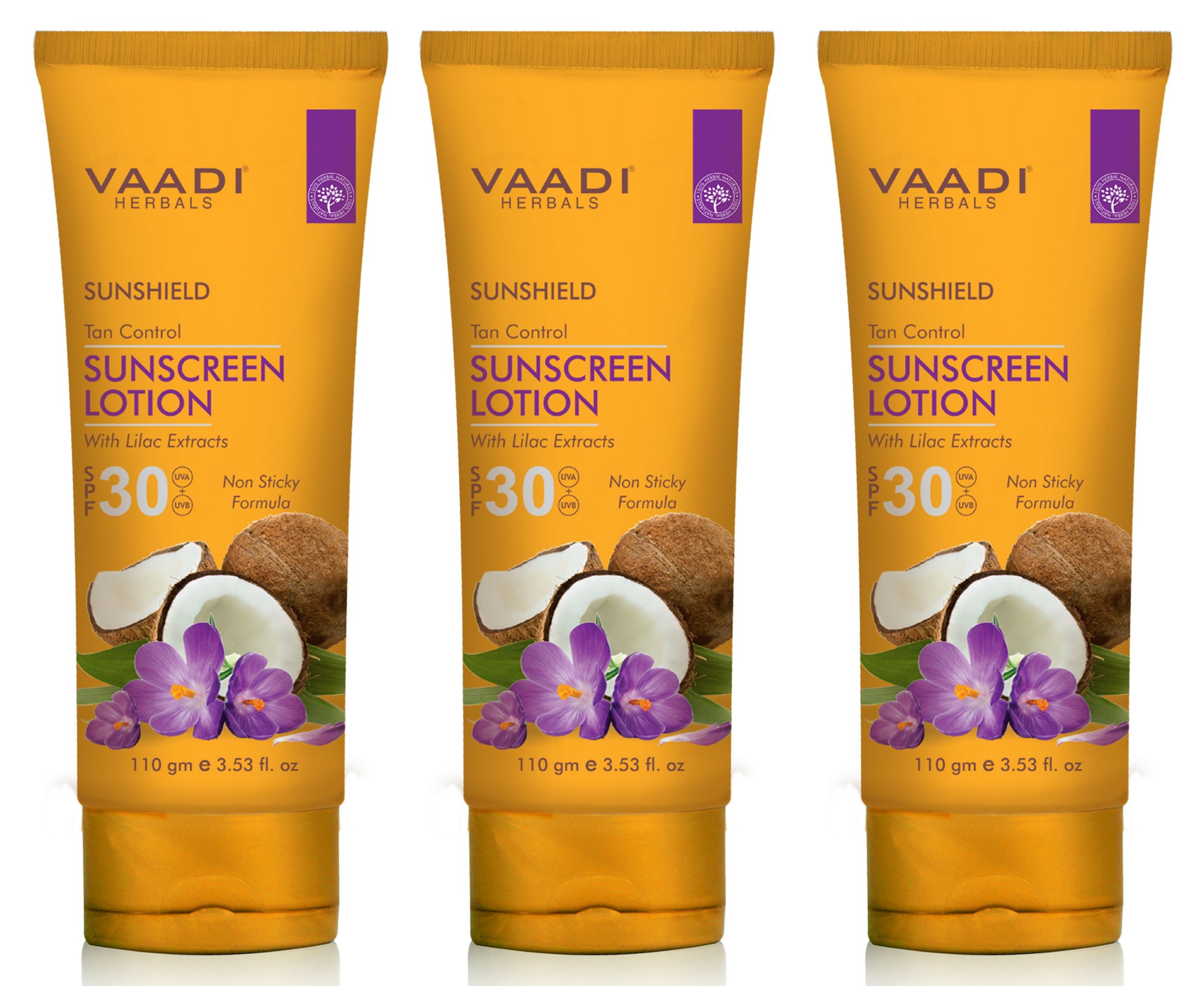 Pack of three Vaadi Herbals SPF 30 sunscreen lotion bottles