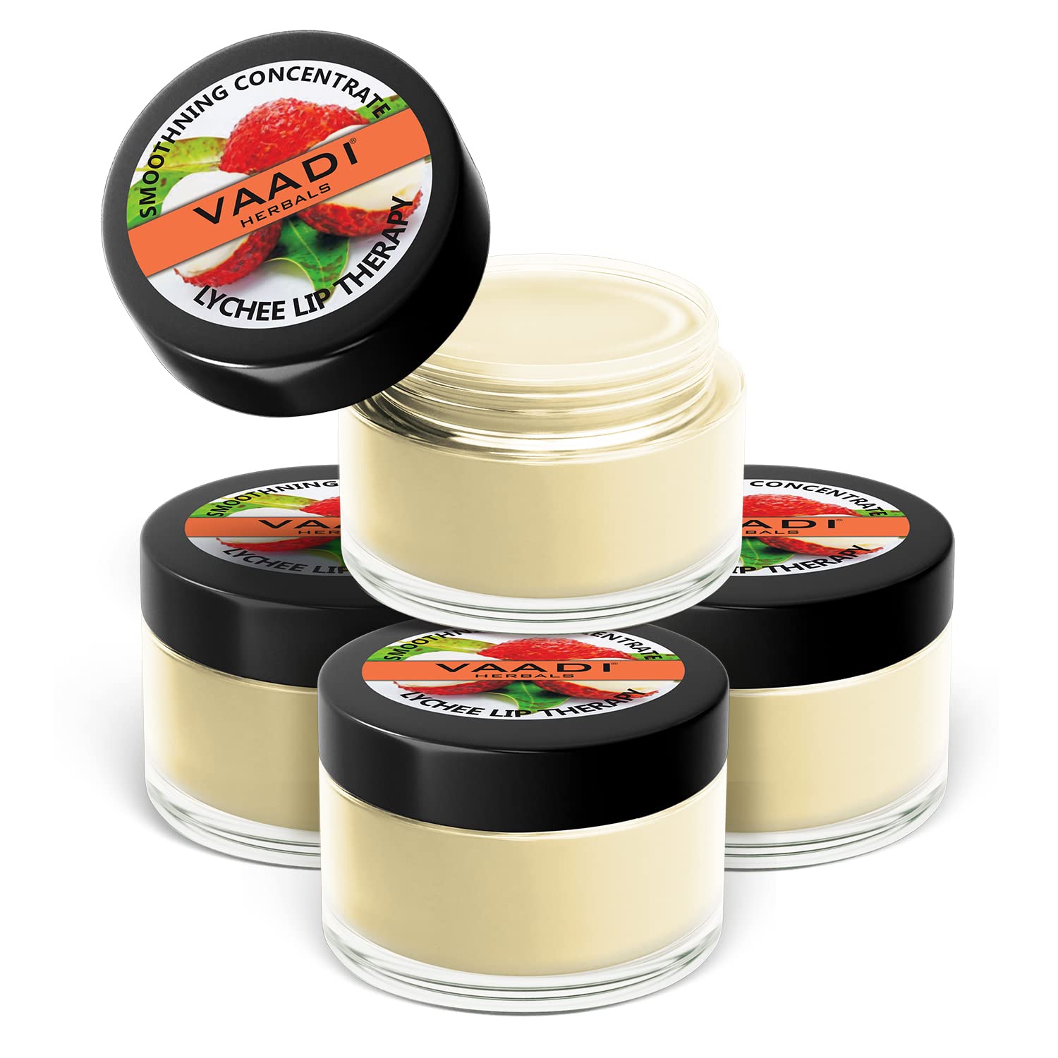 Four Vaadi Herbals lychee lip balm pots in value pack