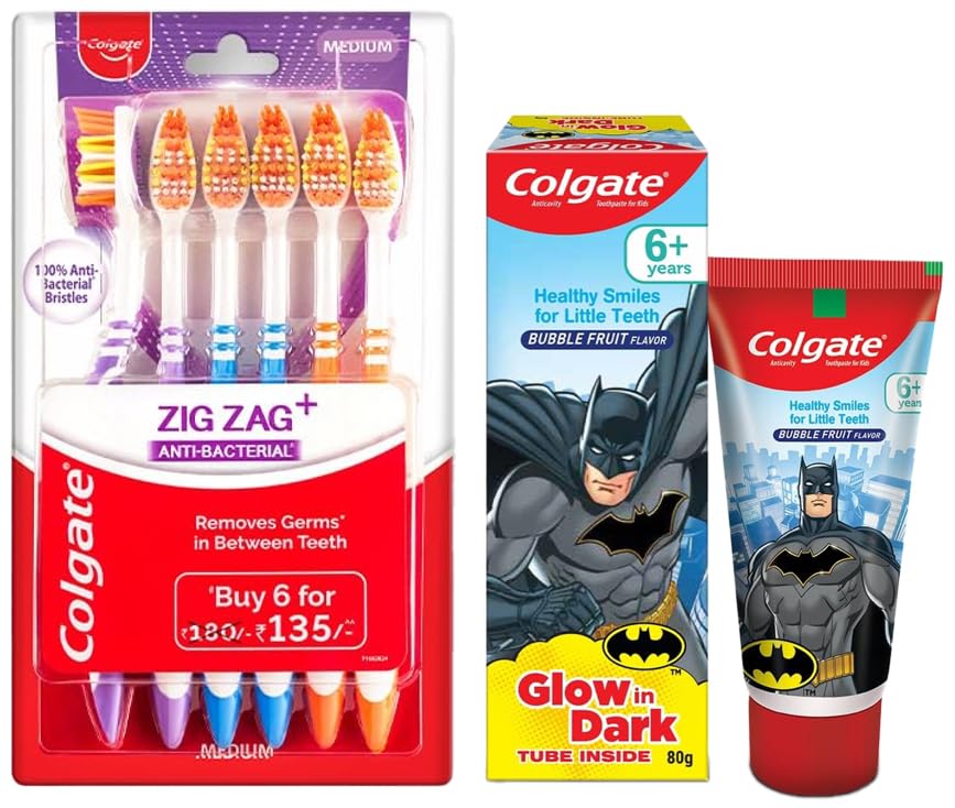 Colgate Batman Anticavity Toothpaste For Kids - 80g (Bubble Fruit Flavour) & Colgate ZigZag Manual Toothbrush for adults, Pack of 6 Medium Multicolour Soft Tooth brush – view 1