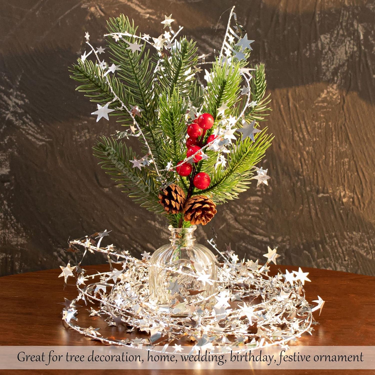 TIED RIBBONS 32 feet Silver Star Tinsel Garland with Wire Sparkly Stars Christmas for Tree Door Dining Home Table Wall Hanging Item Ornament - Christmas Decorations for Home - (Silver, 32 feet) – view 5
