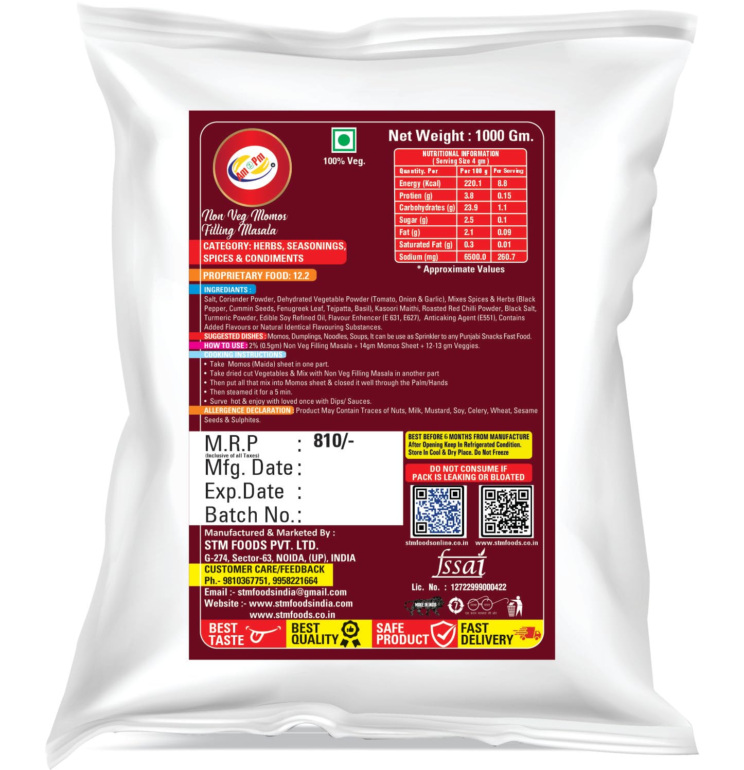 Am 2 Pm - Momos Filling Masala Veg-Non Veg-Paneer Chinese Masala Easy To Cook & Ready To Eat Foods - Pack of 3- (1KG Each) – view 3