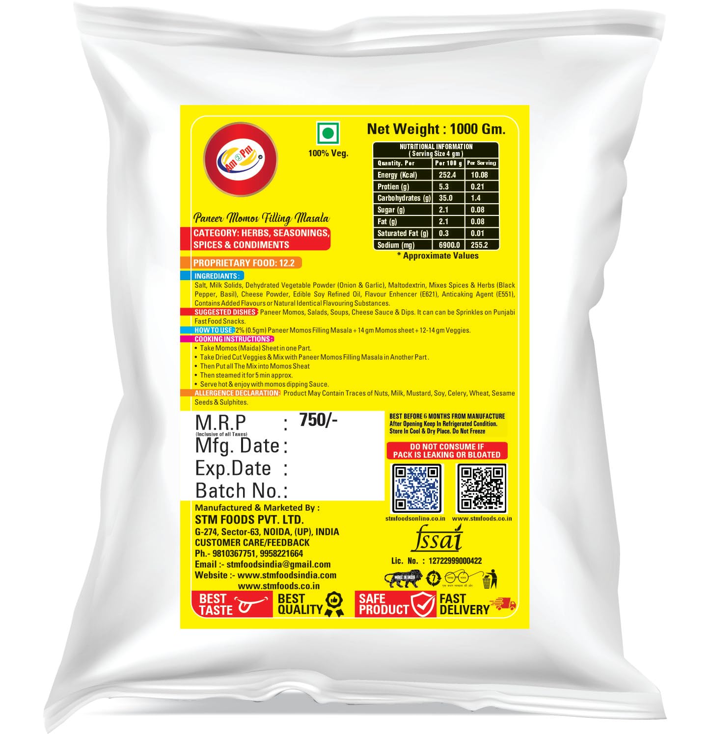 Am 2 Pm - Momos Filling Masala Veg-Non Veg-Paneer Chinese Masala Easy To Cook & Ready To Eat Foods - Pack of 3- (1KG Each) – view 5