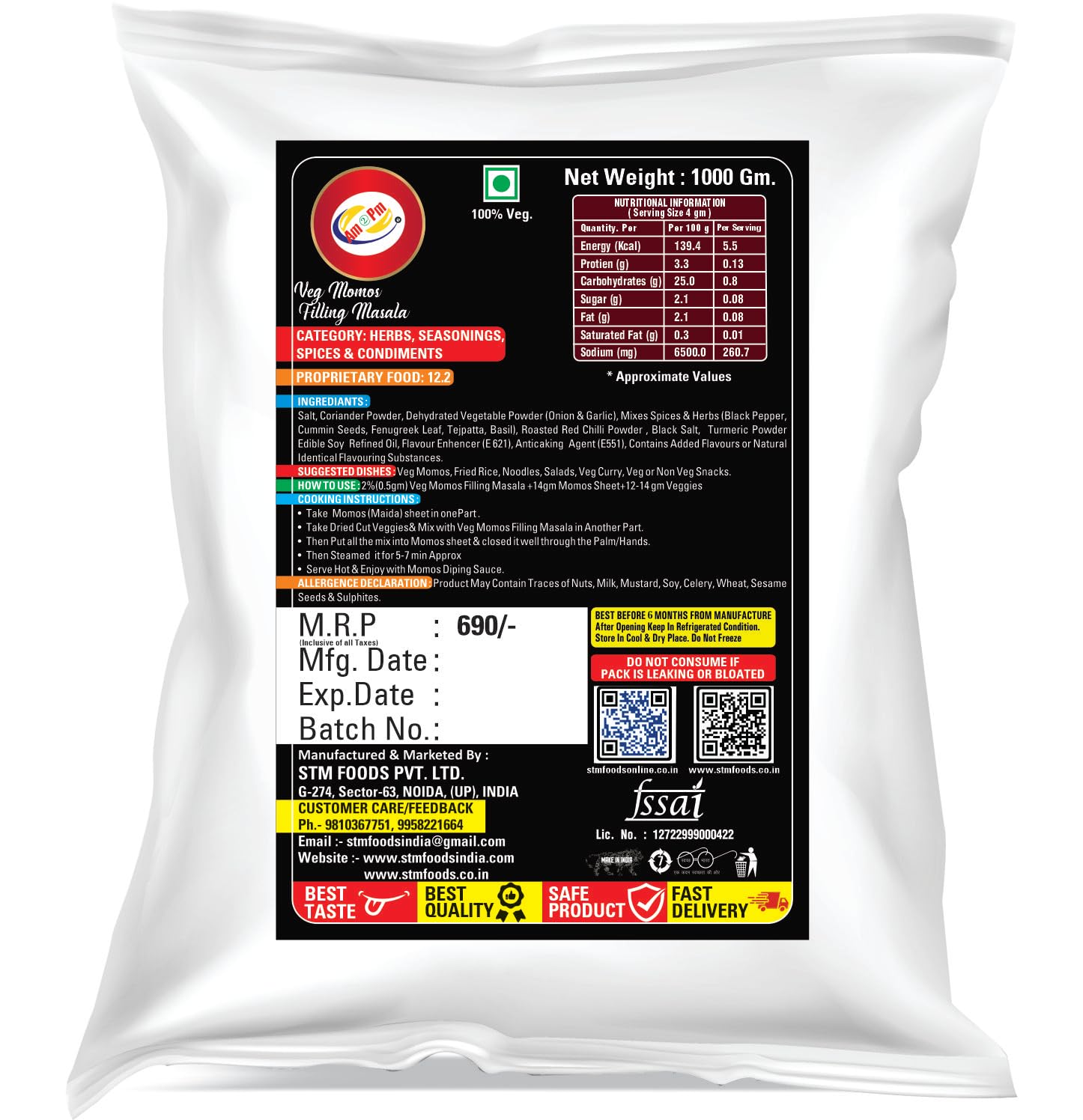 Am 2 Pm - Momos Filling Masala Veg-Non Veg-Paneer Chinese Masala Easy To Cook & Ready To Eat Foods - Pack of 3- (1KG Each) – view 7