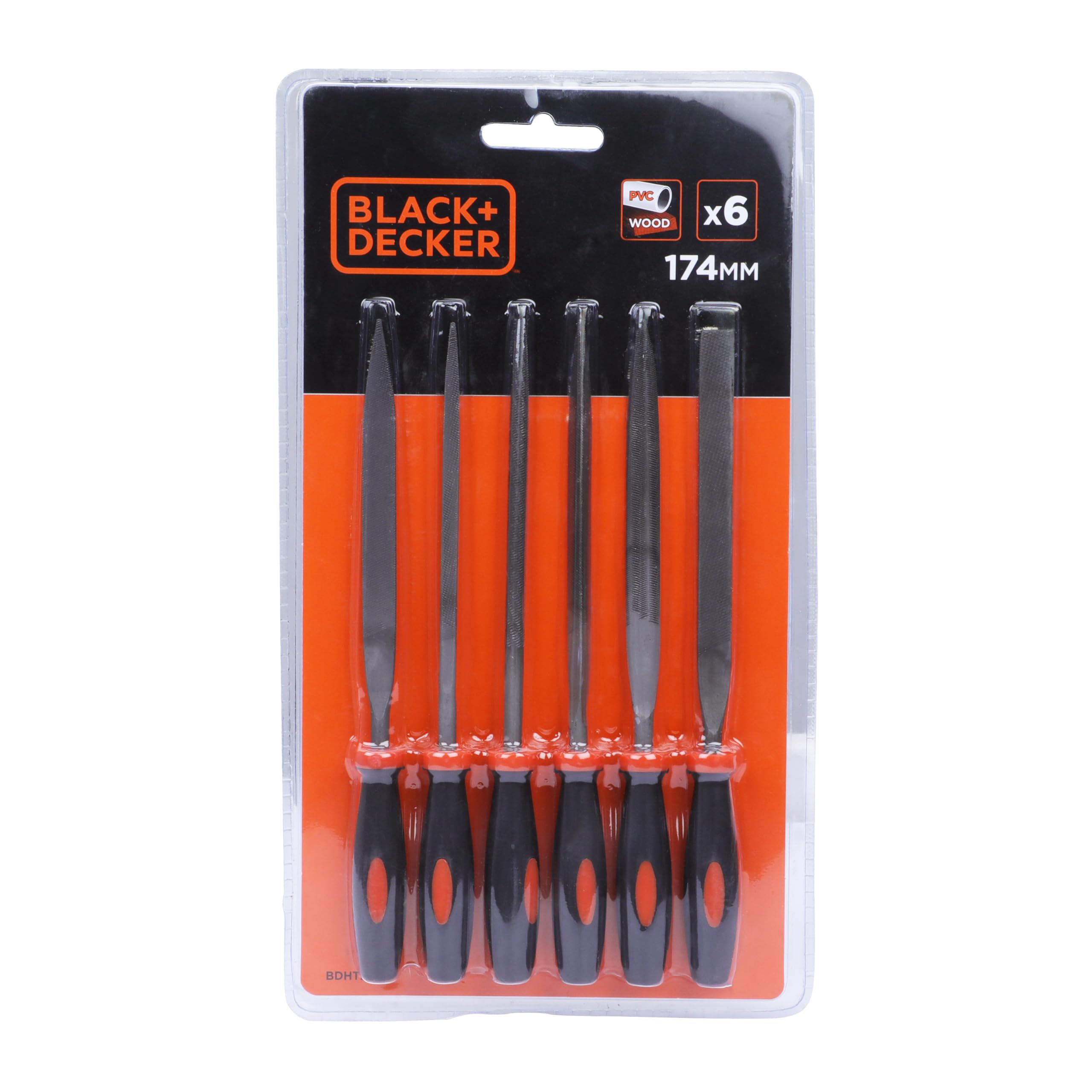 Six BLACK+DECKER alloy steel needle files with ergonomic anti-slip handles