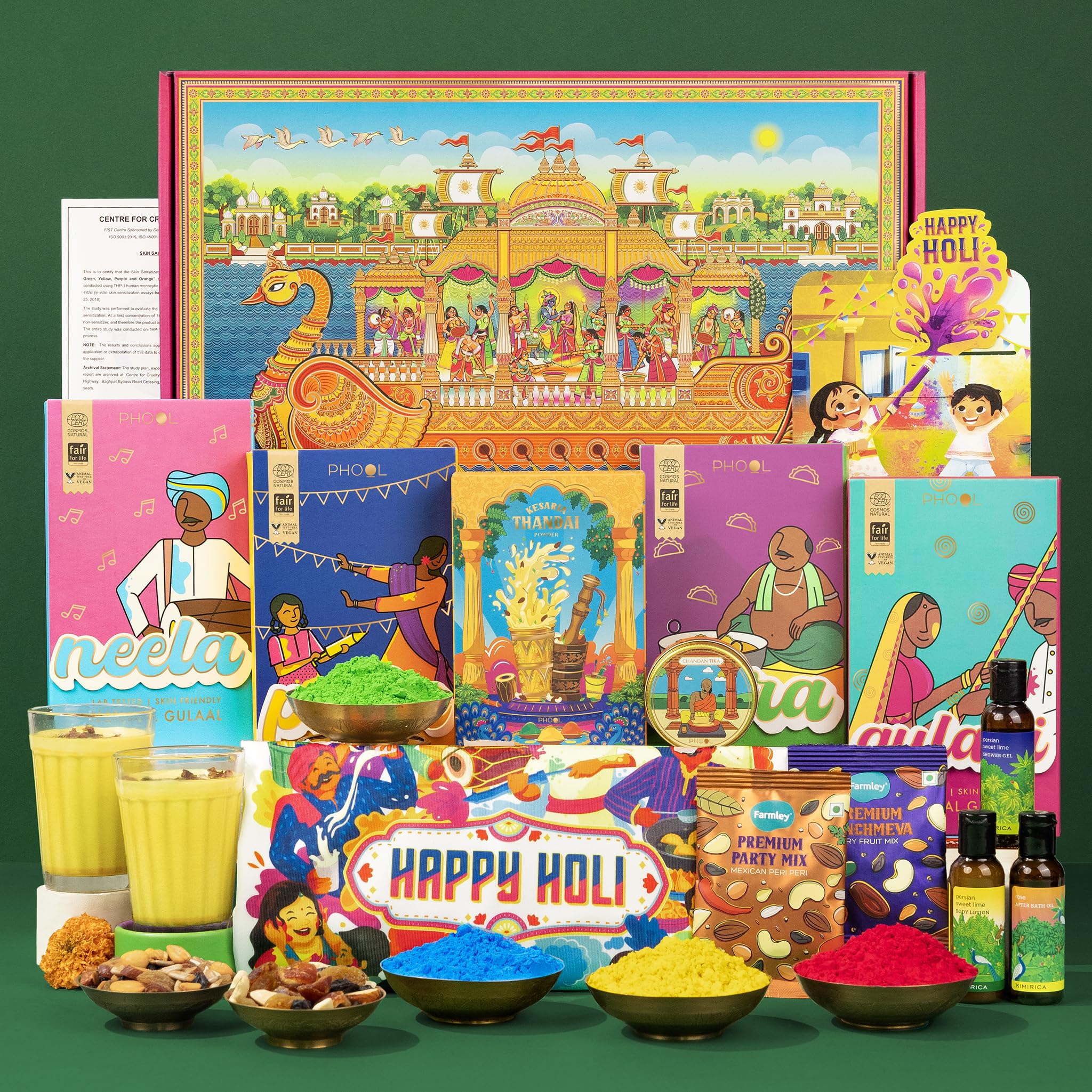 Phool 13+ item Holi Milan Giftbox | Holi colour Pack of 4 (Pink Yellow Green Blue) 100g Each | Thandai Powder + Chandan Tika 50g | Holi T-Shirt + Kimirica Body Care Kit | Farmley Dry Fruits Snacks
