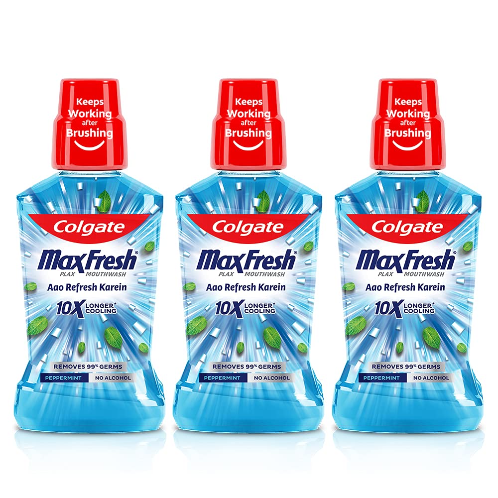 Colgate peppermint alcohol-free mouthwash bottles in 750 ml pack of 3
