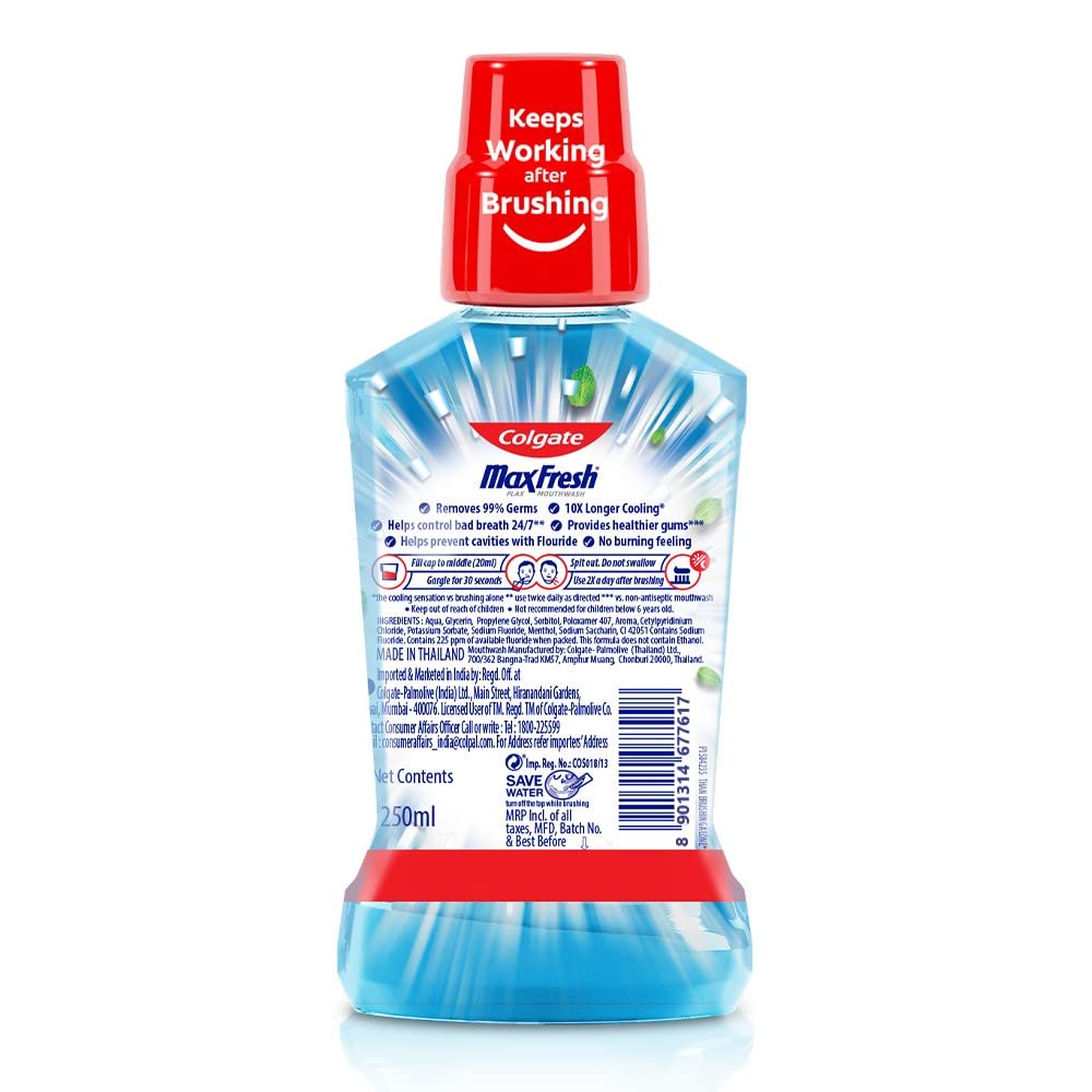 Colgate Maxfresh Plax Antibacterial Mouthwash, 24/7 Fresh Breath - Peppermint, 750ml (250ml x 3) (Pack of 3), Multicolour – view 5