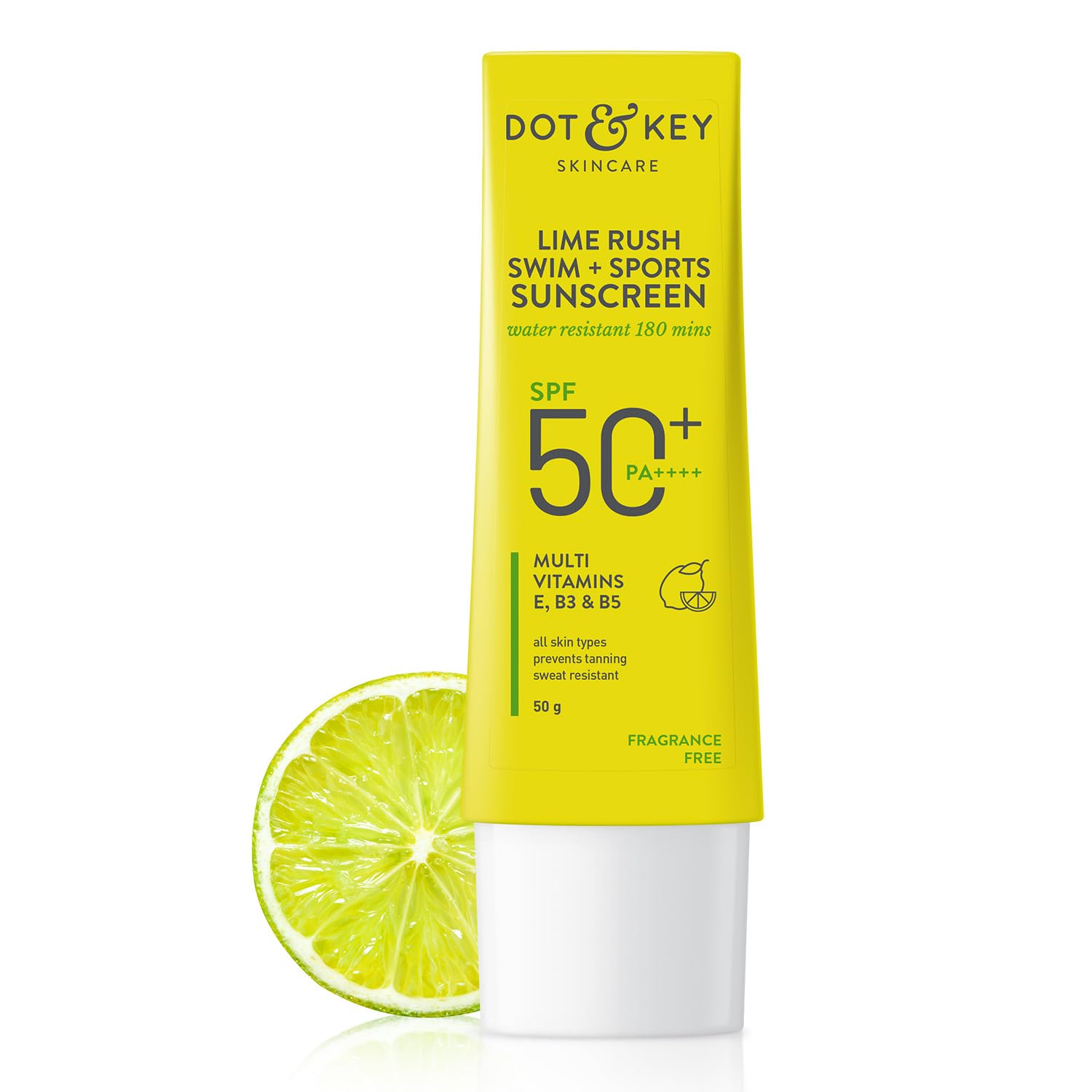 50g Dot & Key Lime Rush sunscreen tube for sports use