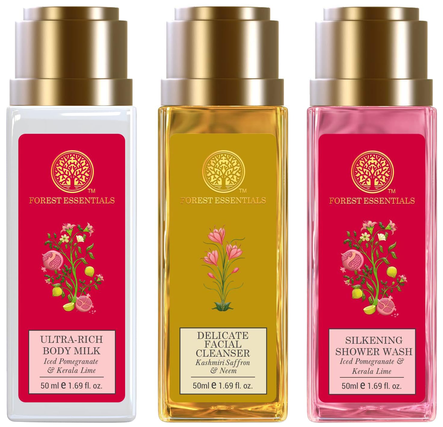 Travel size Forest Essentials skincare trio with body milk cleanser wash