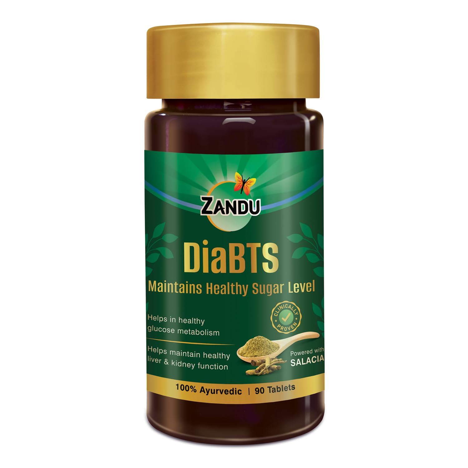 Front view of Zandu Dia-BTS 90-count Ayurvedic tablets bottle