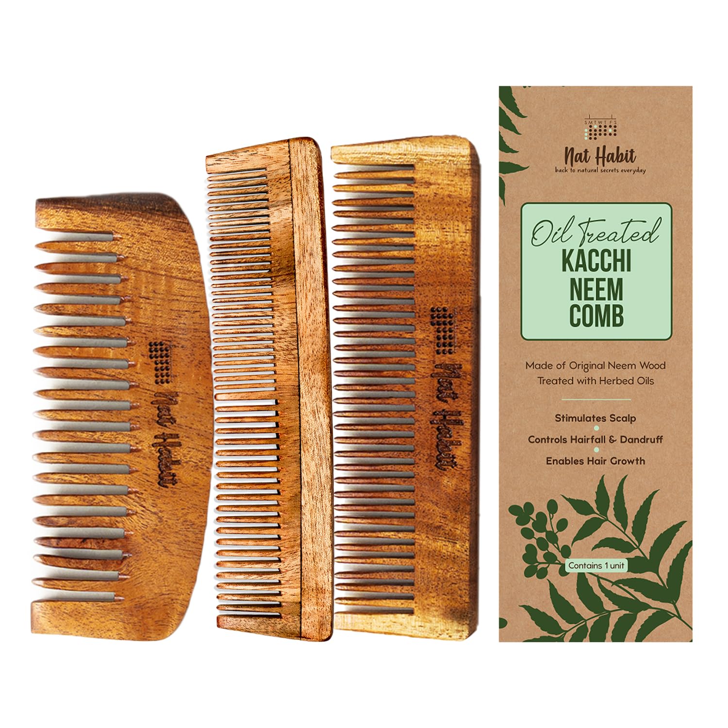 Nat Habit kacchi neem wood comb combo with three comb styles