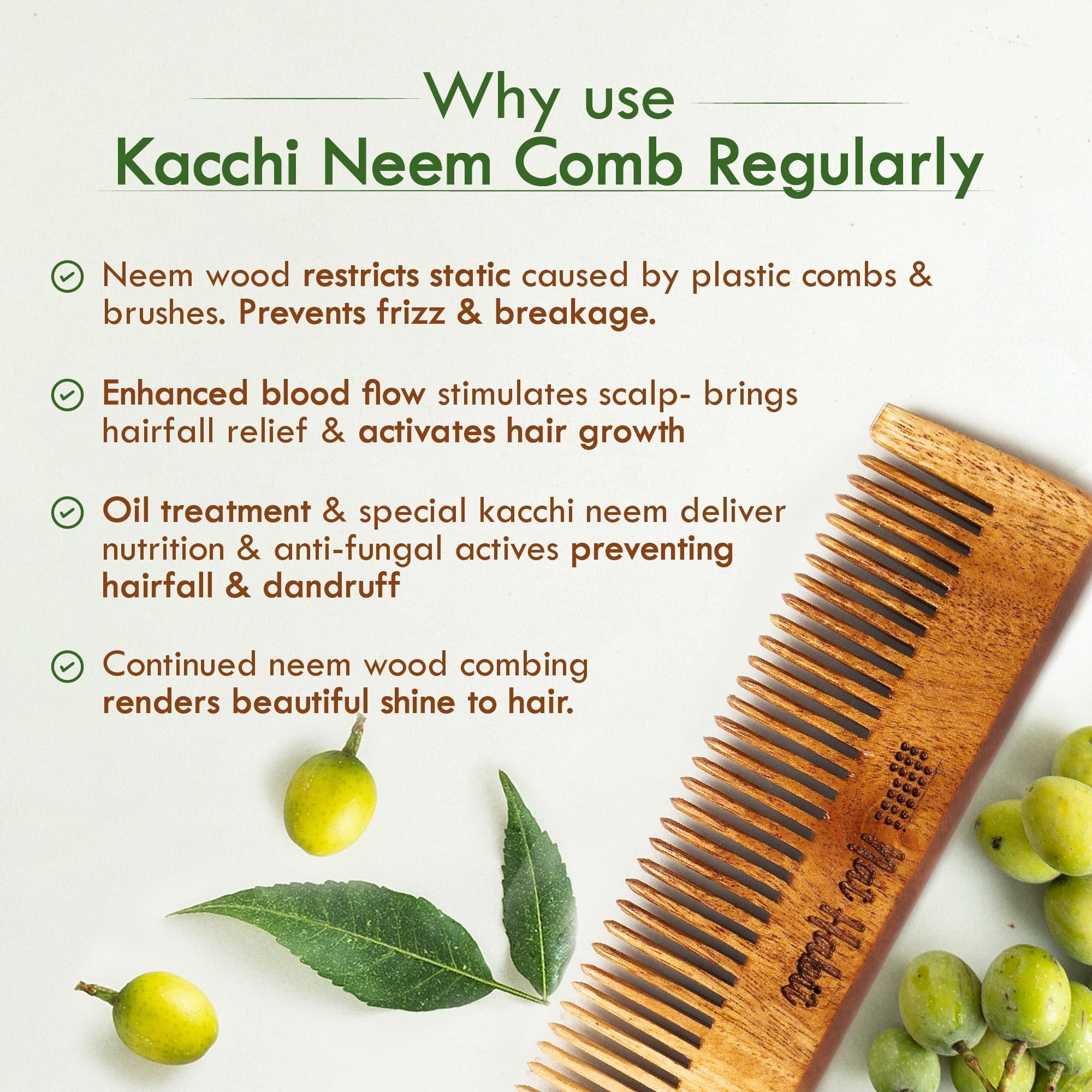 Nat Habit Kacchi Neem Wooden Comb - Soaked In 17 Herbs, Neem & Sesame Oil - Pocket-Sized For Voluminous Hair, Men & Kids Short Hair, Combo (Bouse Comb, Pocket Fine & Dual Tooth) – view 5