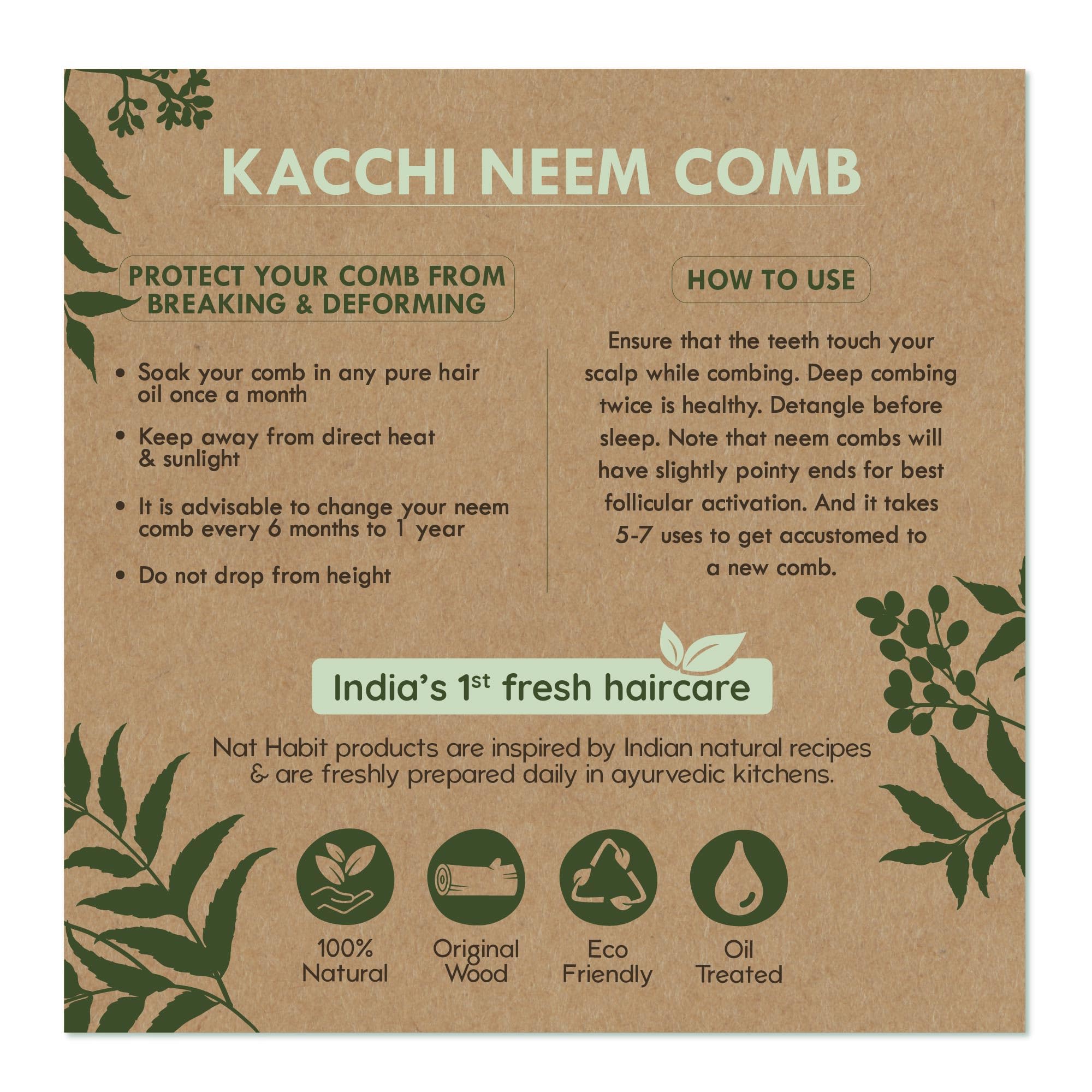 Nat Habit Kacchi Neem Wooden Comb - Soaked In 17 Herbs, Neem & Sesame Oil - Pocket-Sized For Voluminous Hair, Men & Kids Short Hair, Combo (Bouse Comb, Pocket Fine & Dual Tooth) – view 7