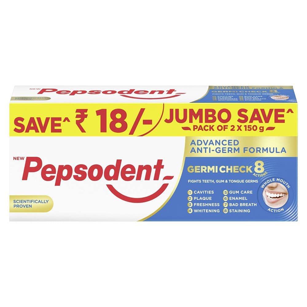 Pepsodent Germicheck toothpaste multipack with two 150g family-use tubes