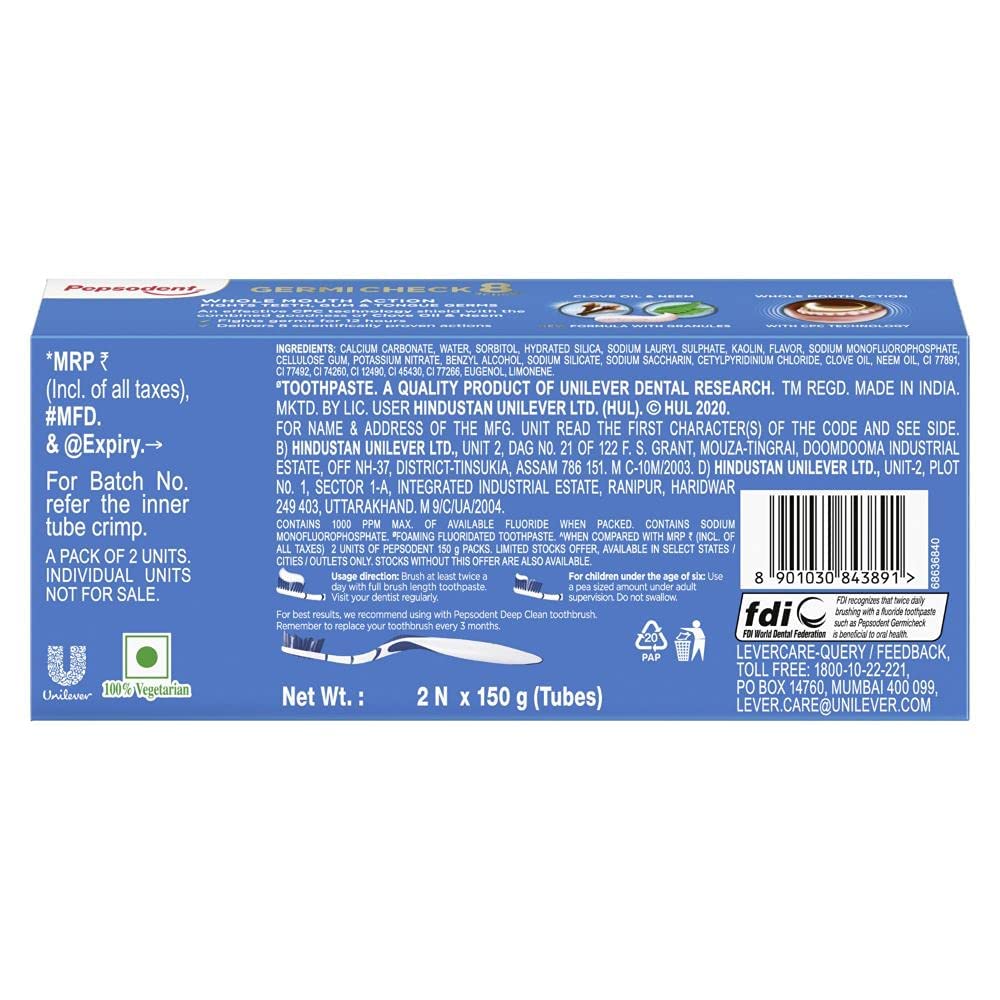 Pepsodent Germicheck 300g (150g x 2, Pack of 2) 8 Actions, Whole Mouth Cavity Protection Plaque Removal Toothpaste With Anti-Germ Formula, Clove And Neem Oil, Jumbo Save Pack – view 2
