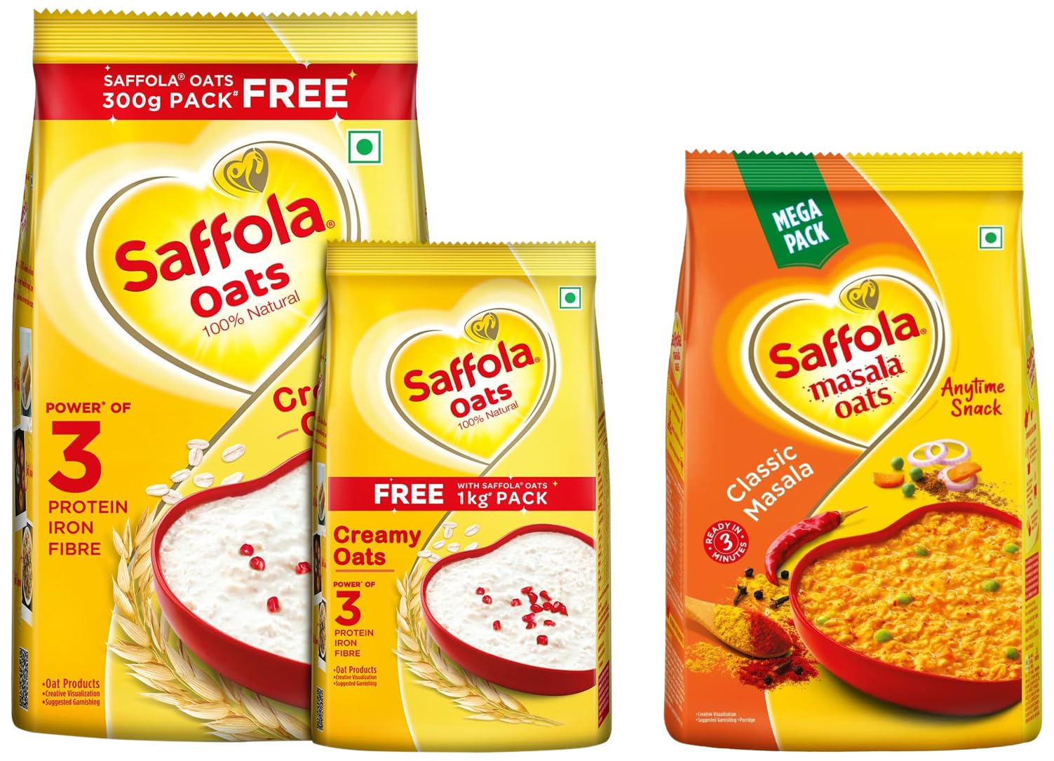 Saffola oats bundle showing Classic Masala and wholegrain oats packs