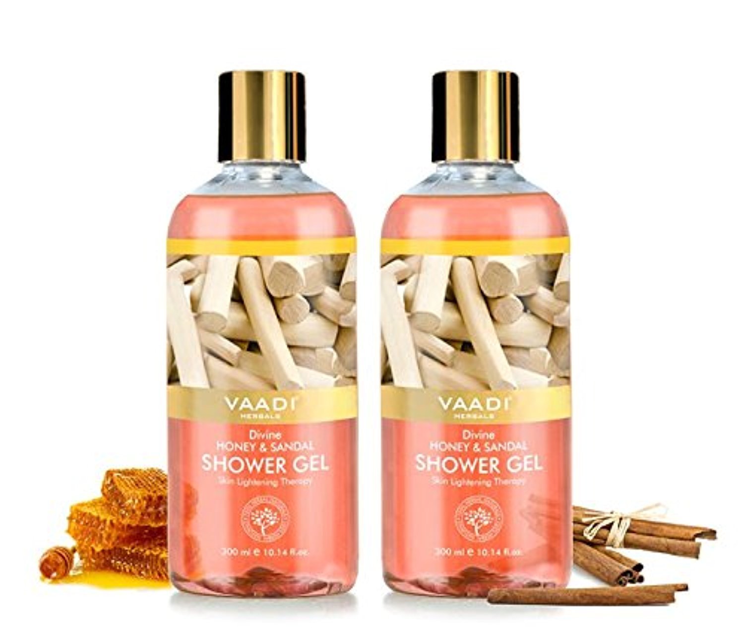 Two bottles of Vaadi Herbals honey and sandal shower gel