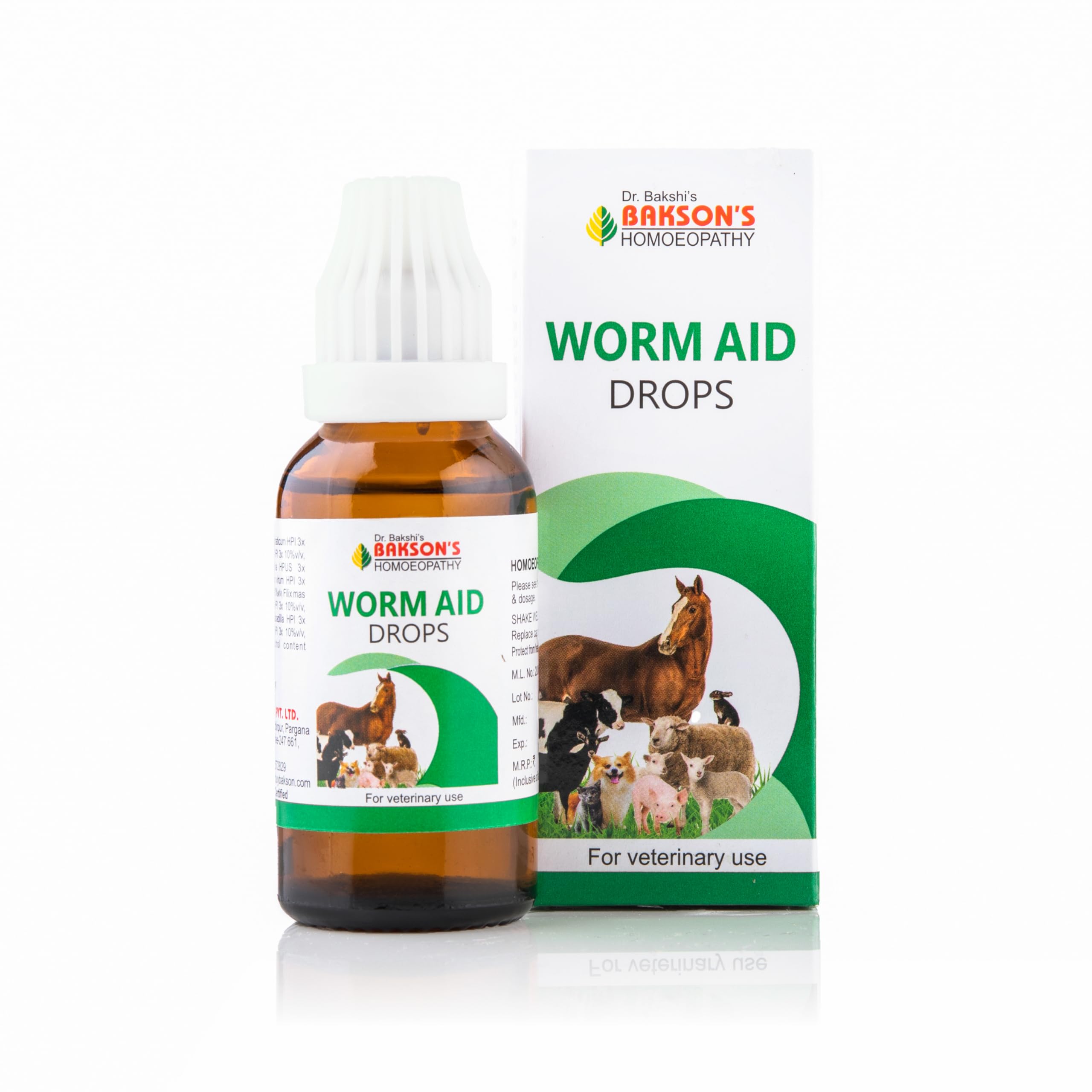 Front bottle of Bakson Veterinary Worm Aid Drops 30 ml
